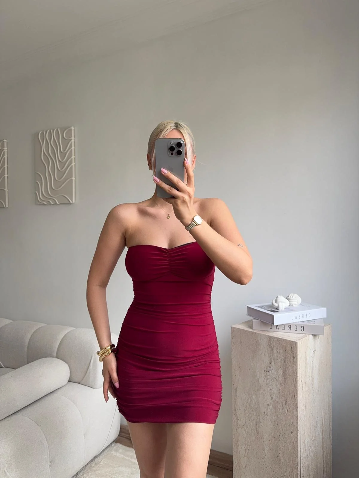 Straplez Drapeli Mini Elbise - BORDO