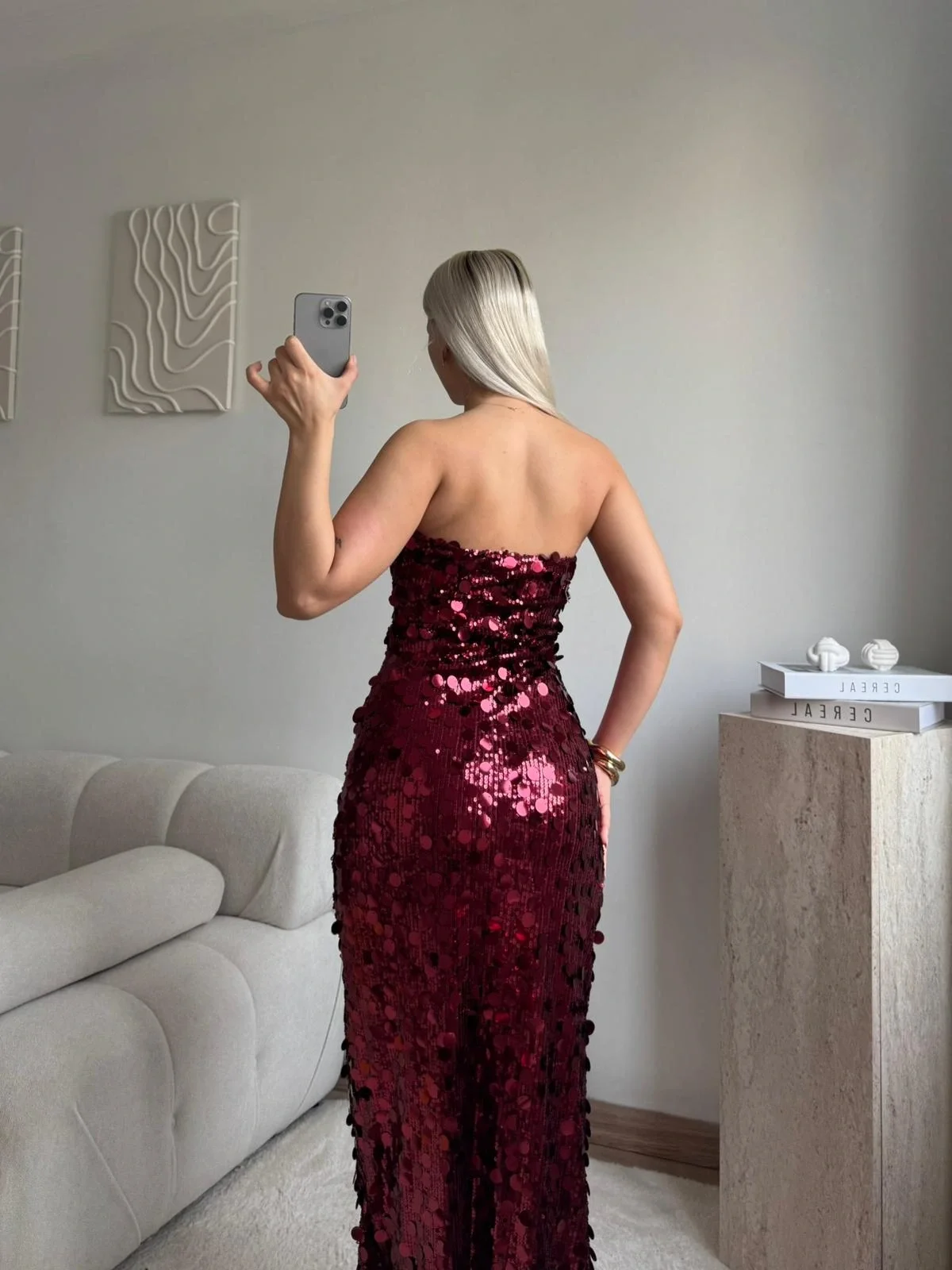 Straplez Pullu Elbise - BORDO