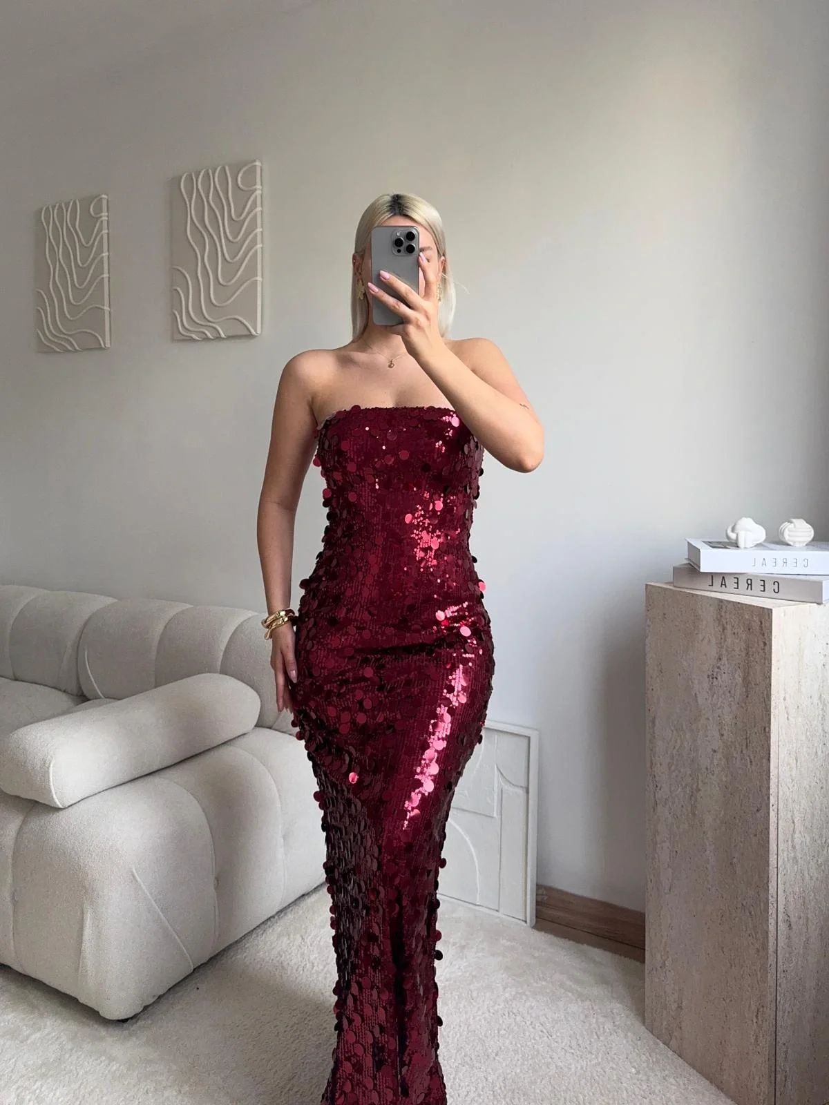 Straplez Pullu Elbise - BORDO