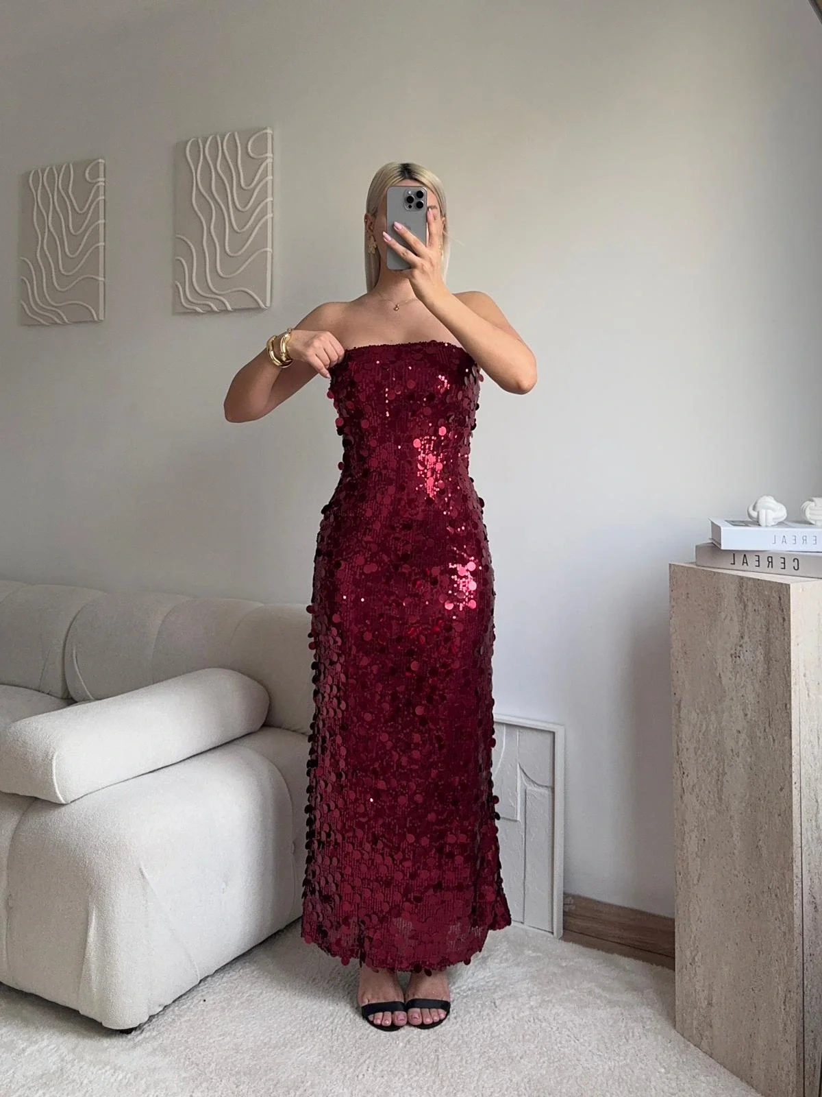 Straplez Pullu Elbise - BORDO