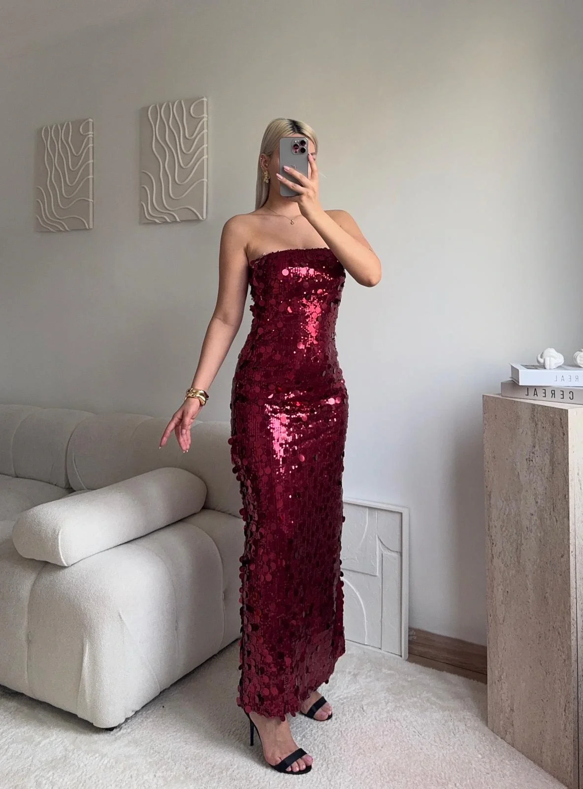 Straplez Pullu Elbise - BORDO