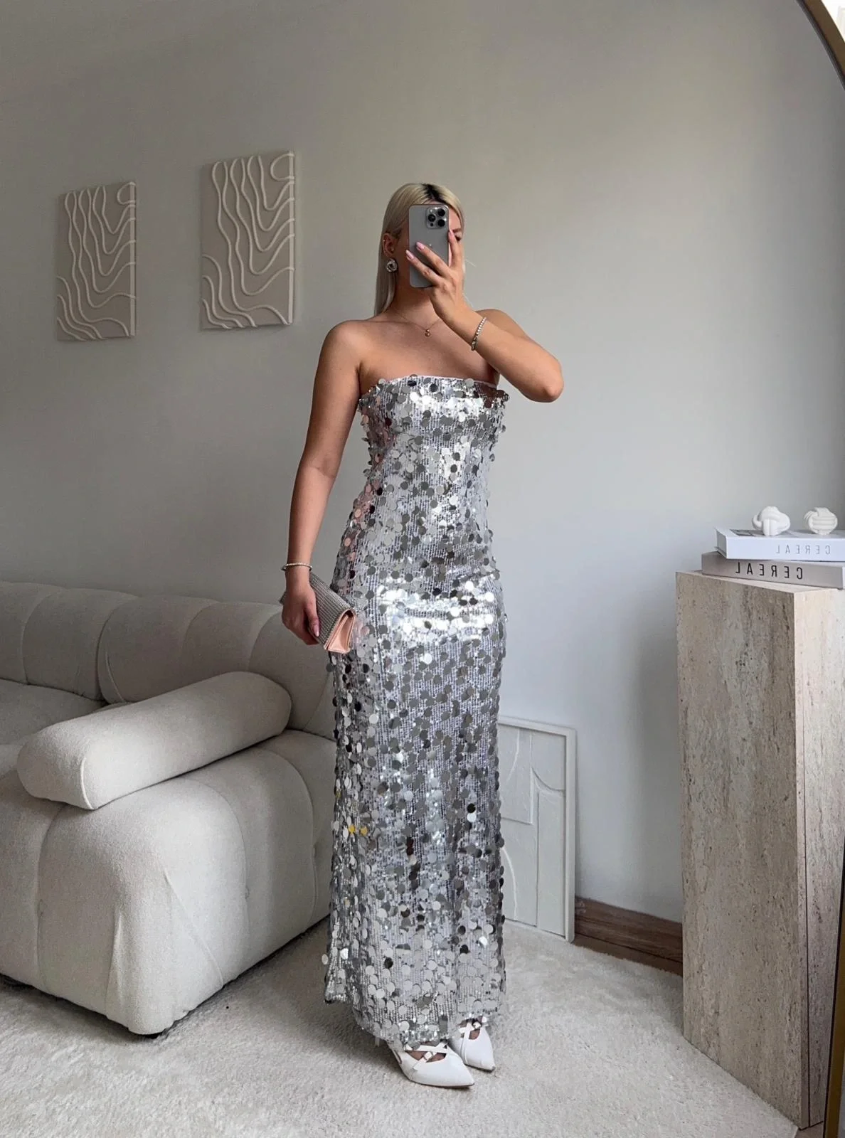 Straplez Pullu Elbise - GÜMÜŞ