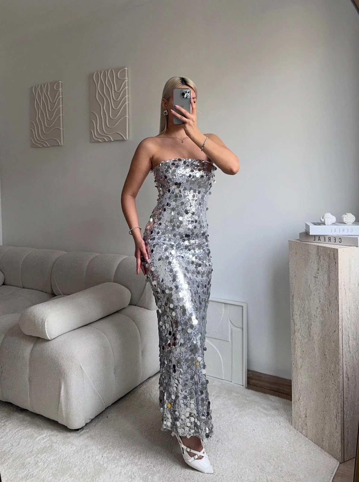 Straplez Pullu Elbise - GÜMÜŞ