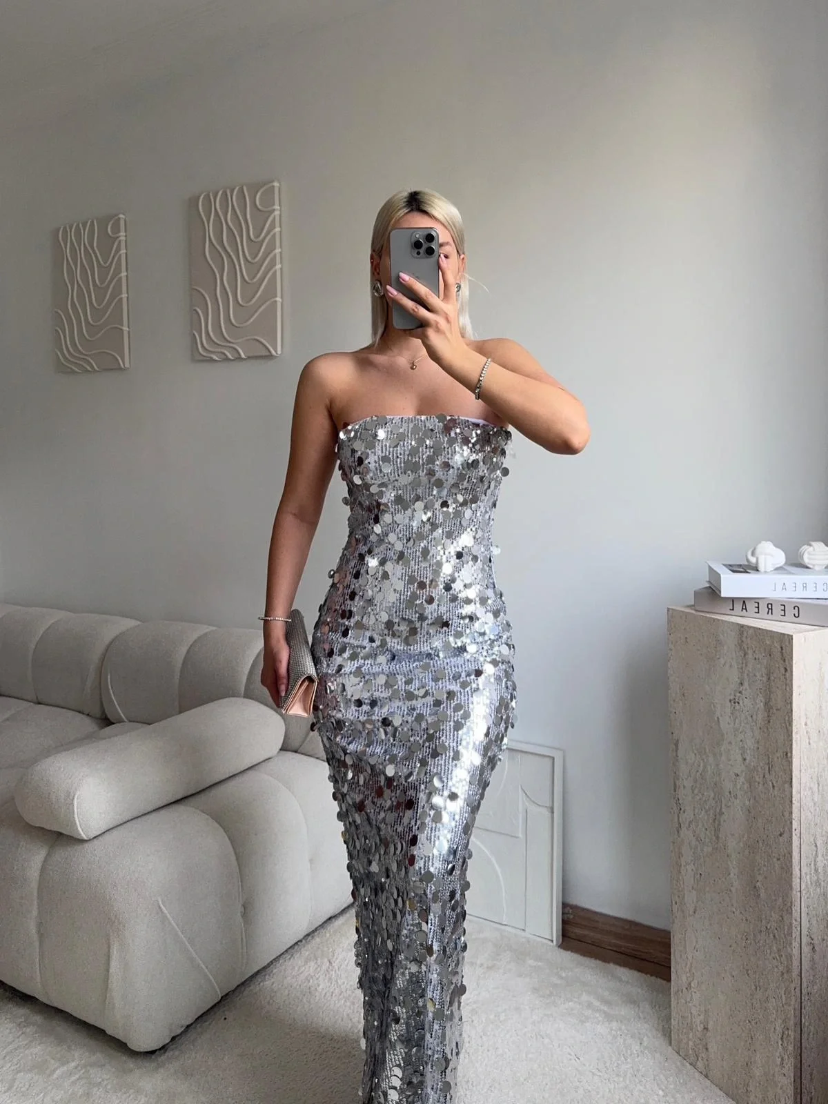 Straplez Pullu Elbise - GÜMÜŞ