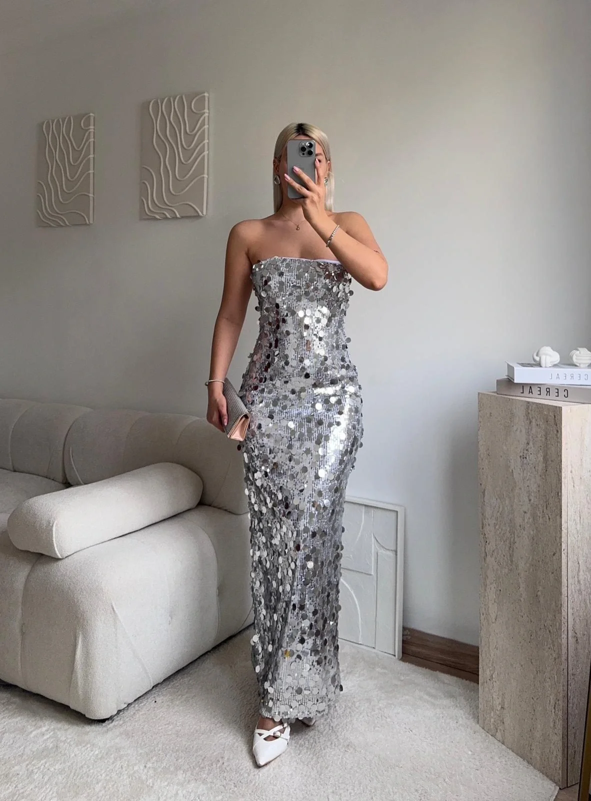 Straplez Pullu Elbise - GÜMÜŞ