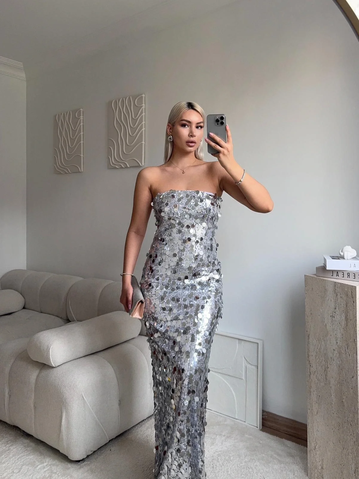 Straplez Pullu Elbise - GÜMÜŞ