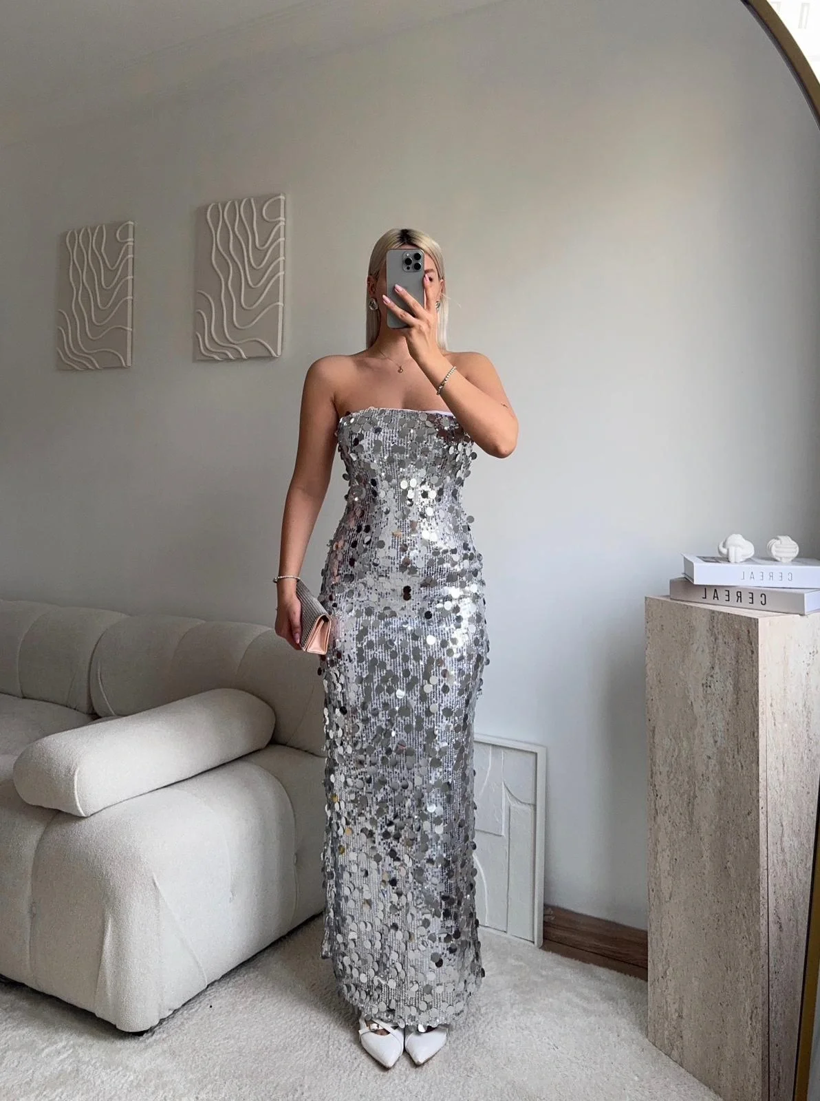 Straplez Pullu Elbise - GÜMÜŞ