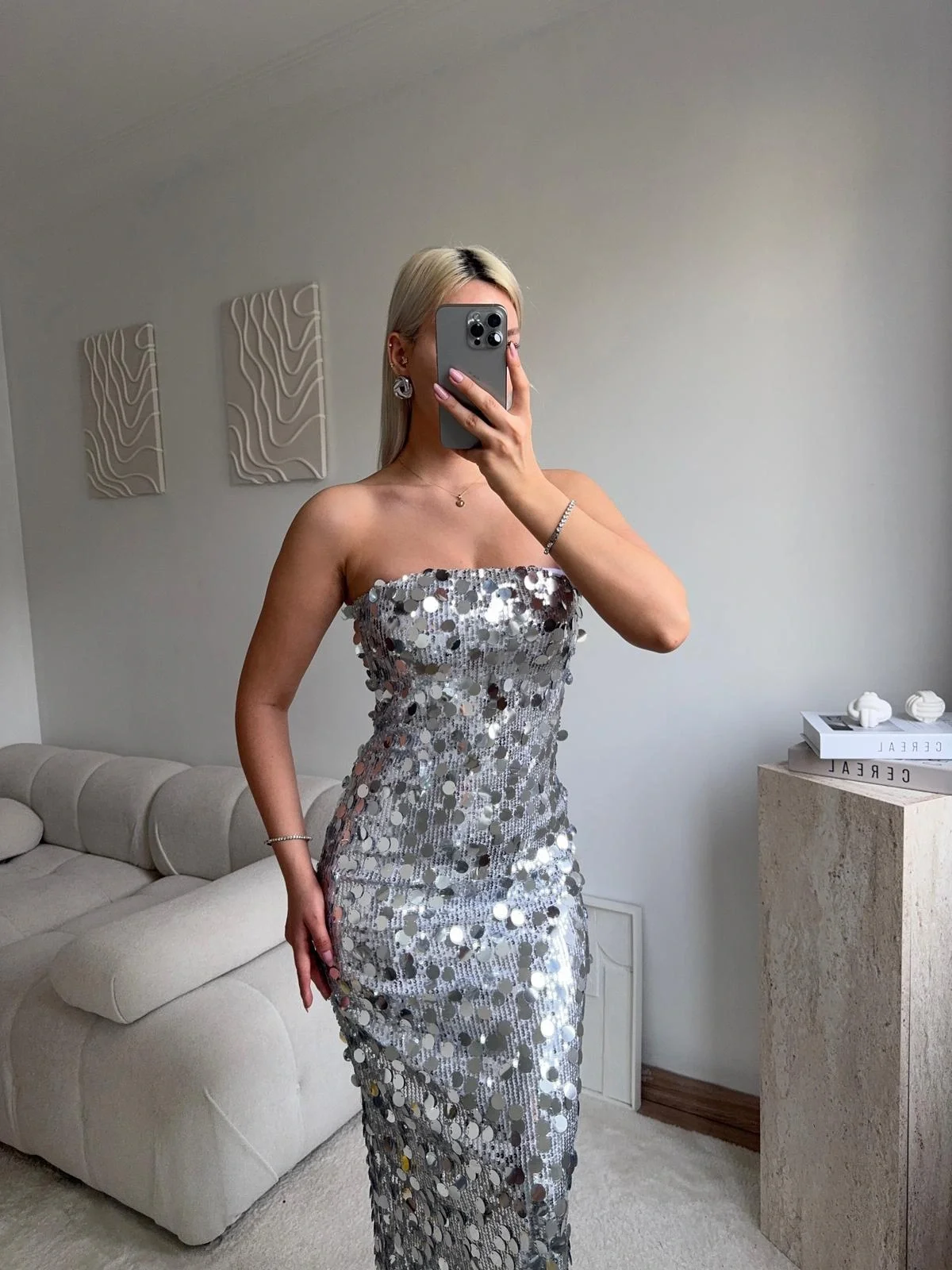 Straplez Pullu Elbise - GÜMÜŞ