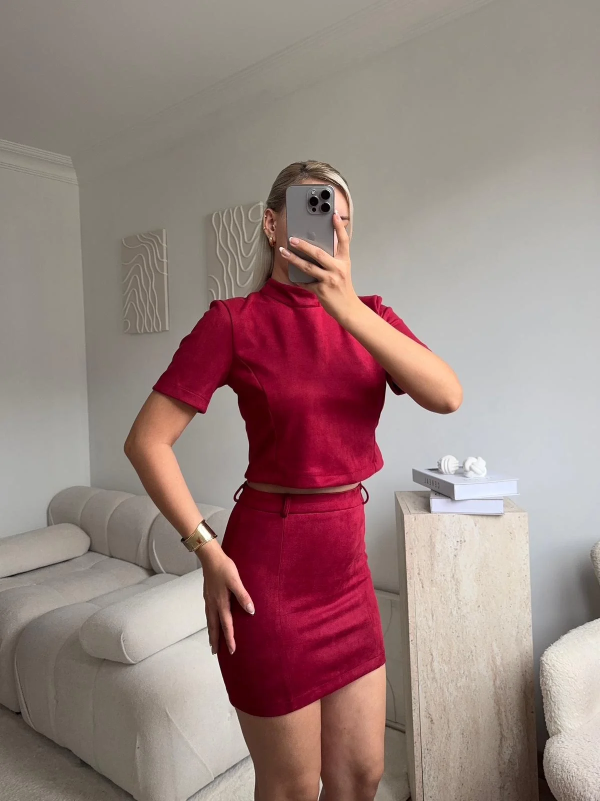 Süet Crop & Mini Etekli Takım - BORDO