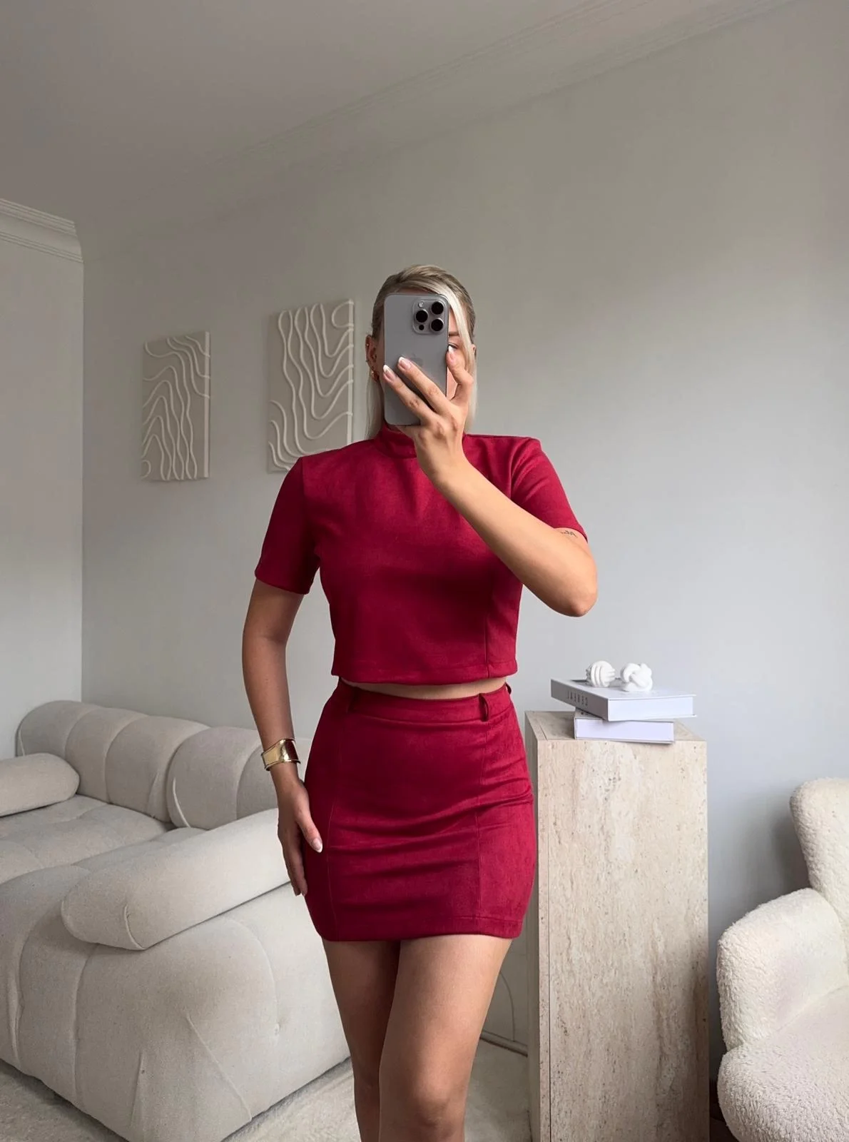 Süet Crop & Mini Etekli Takım - BORDO