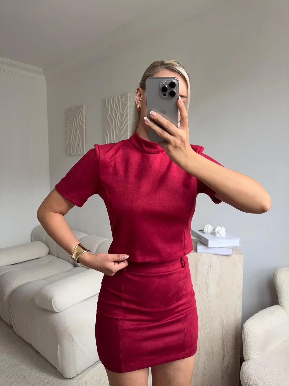 Süet Crop & Mini Etekli Takım - BORDO