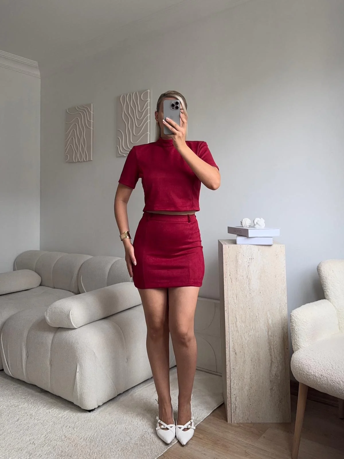 Süet Crop & Mini Etekli Takım - BORDO