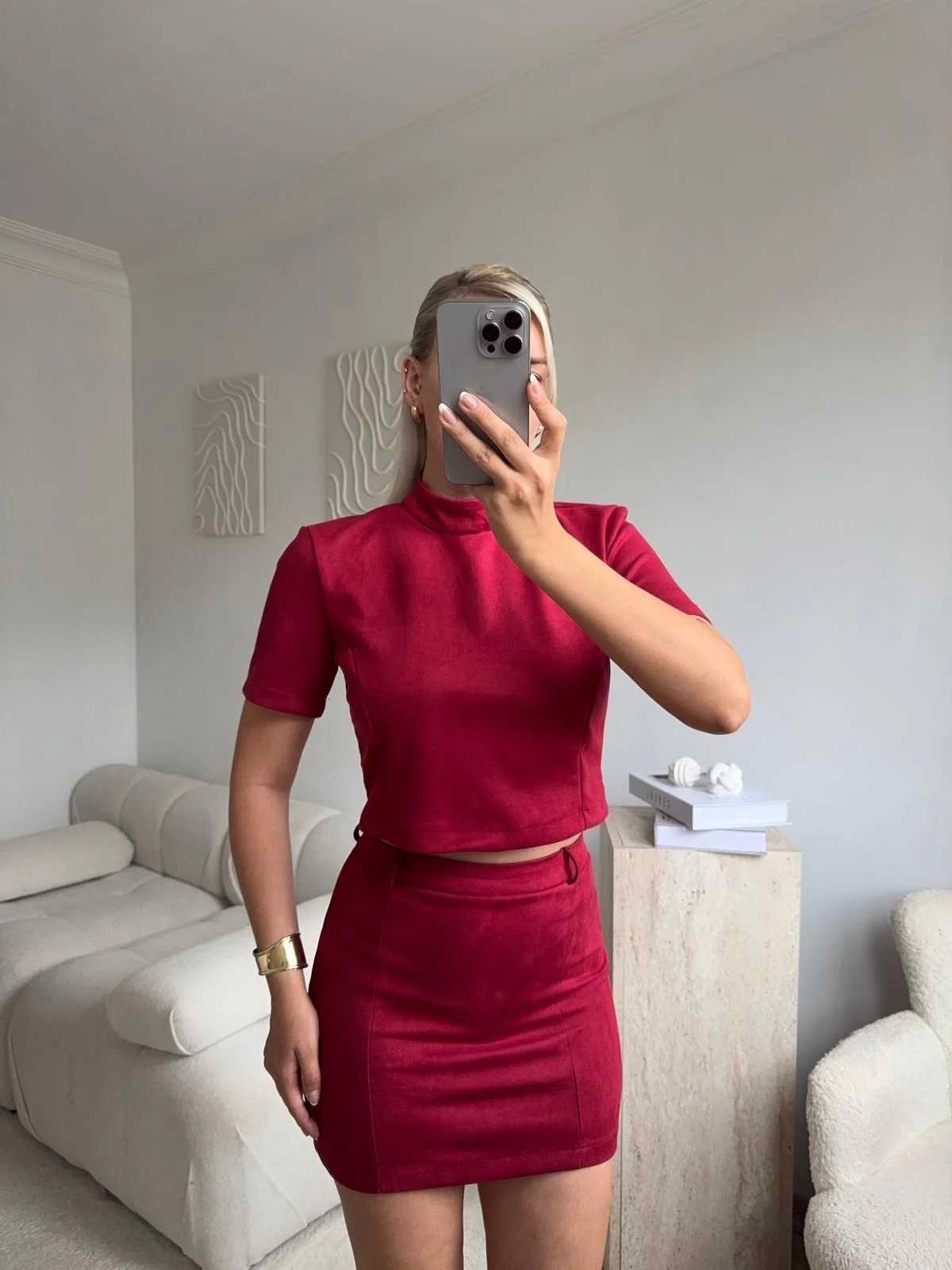 Süet Crop & Mini Etekli Takım - BORDO