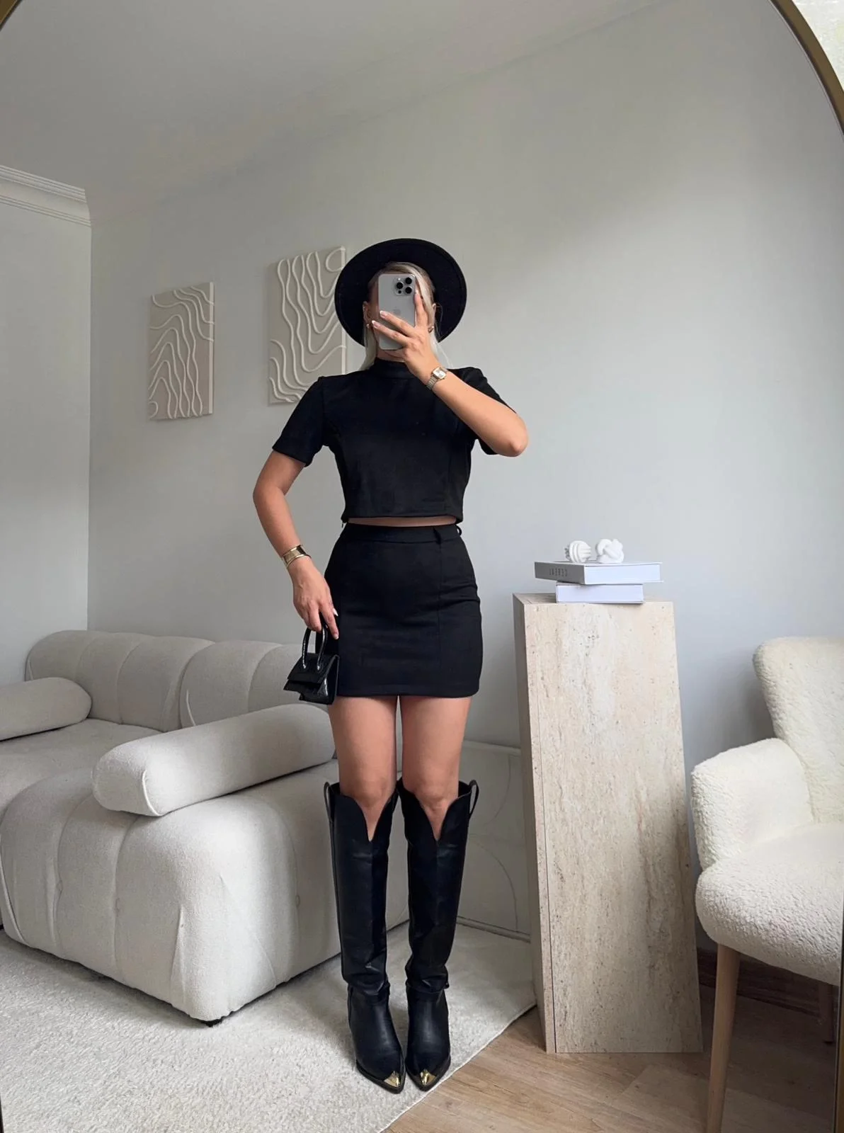 Süet Crop & Mini Etekli Takım - SİYAH