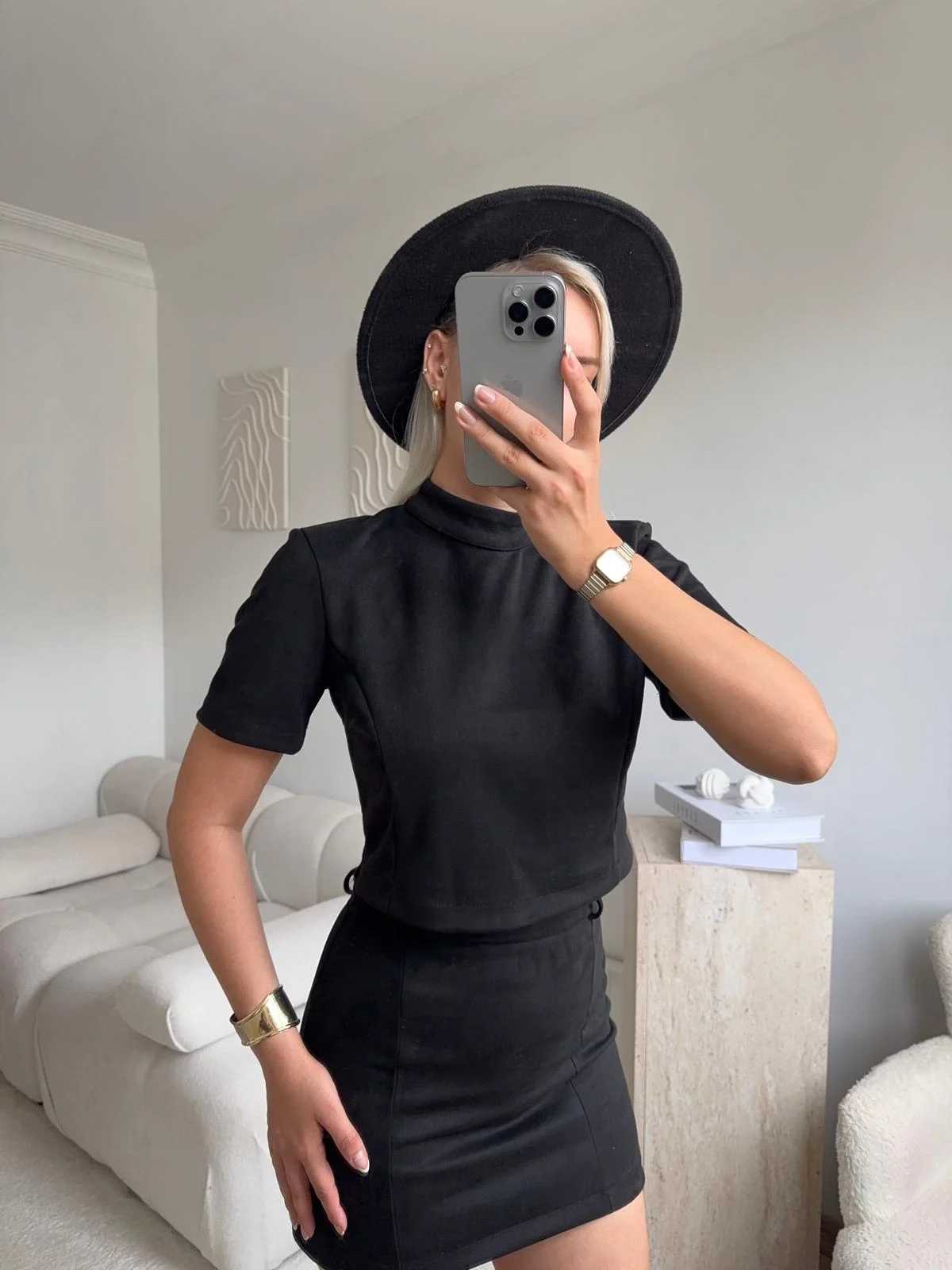 Süet Crop & Mini Etekli Takım - SİYAH