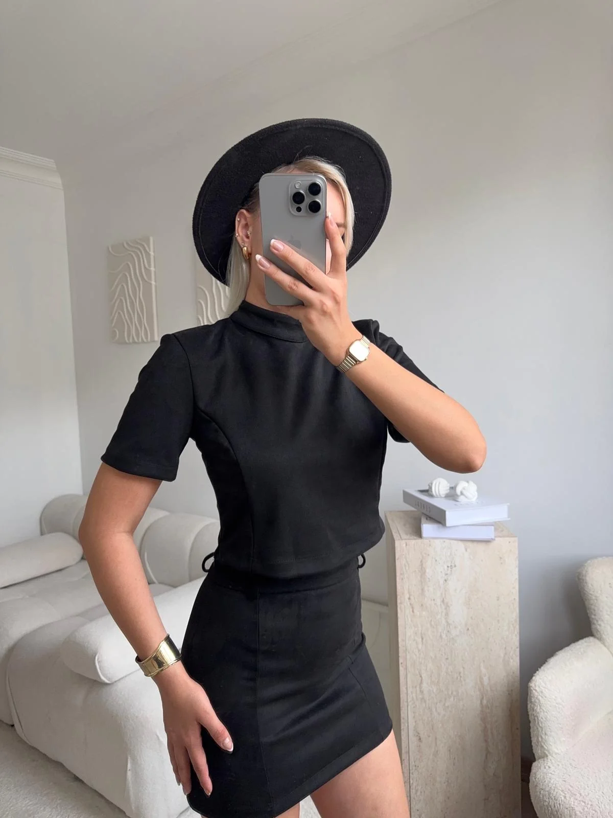 Süet Crop & Mini Etekli Takım - SİYAH