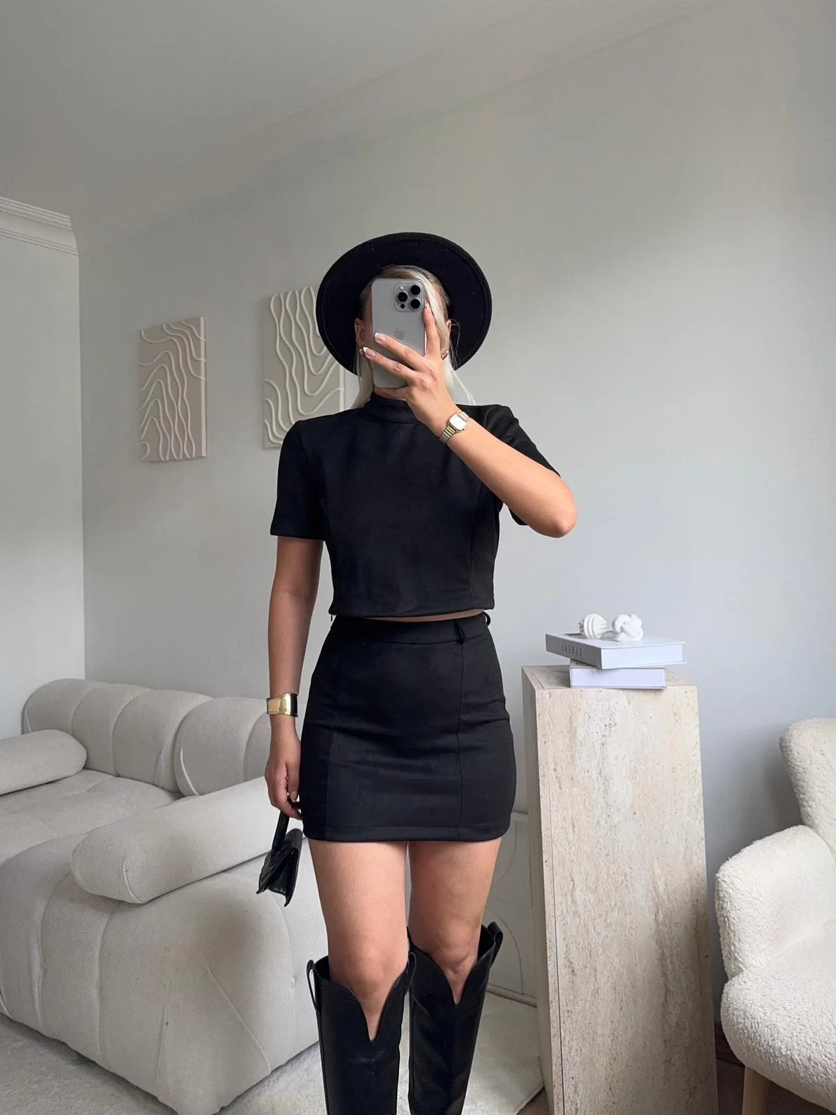 Süet Crop & Mini Etekli Takım - SİYAH