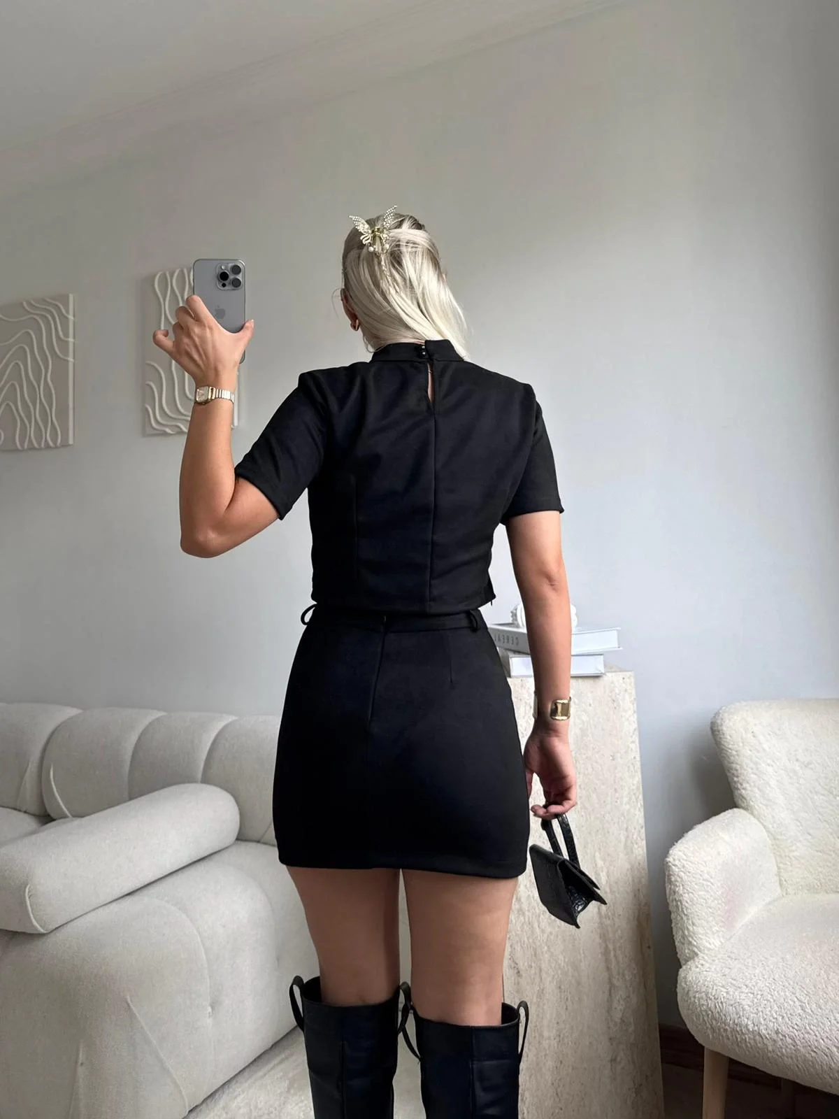 Süet Crop & Mini Etekli Takım - SİYAH