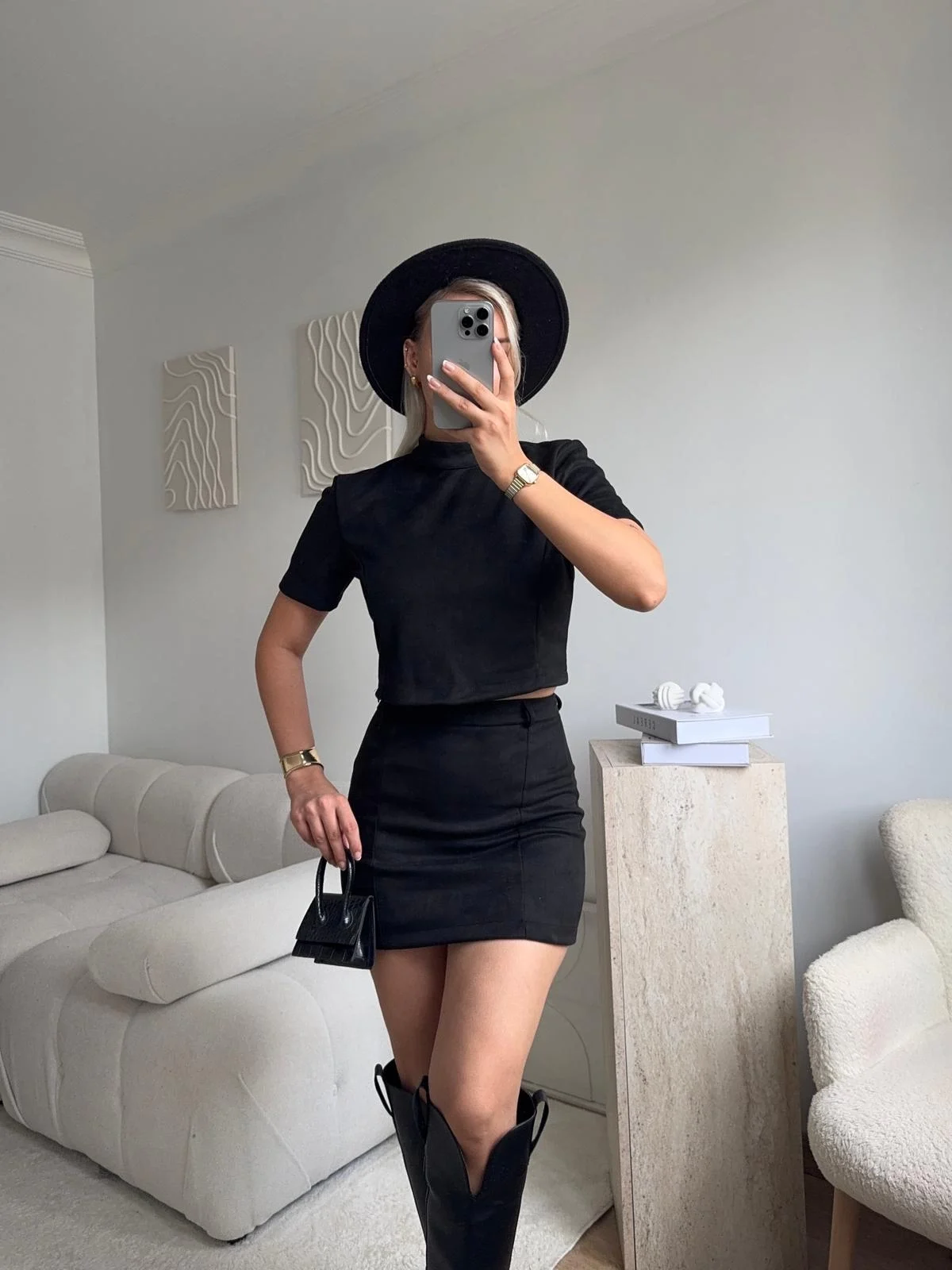 Süet Crop & Mini Etekli Takım - SİYAH