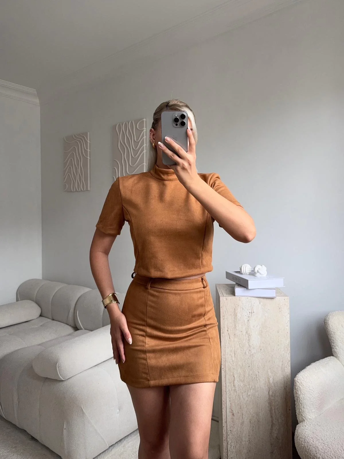 Süet Crop & Mini Etekli Takım - TABA