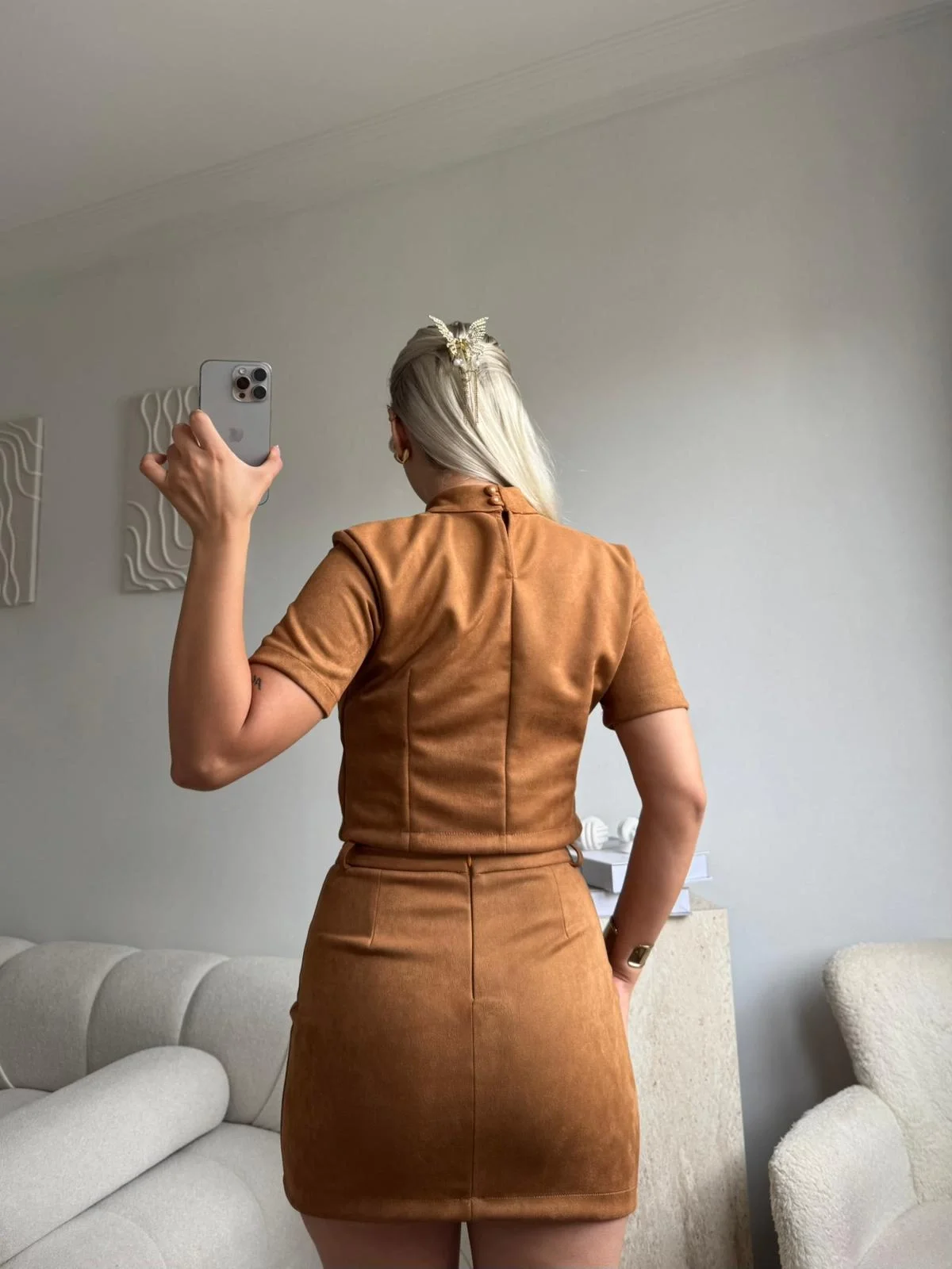 Süet Crop & Mini Etekli Takım - TABA