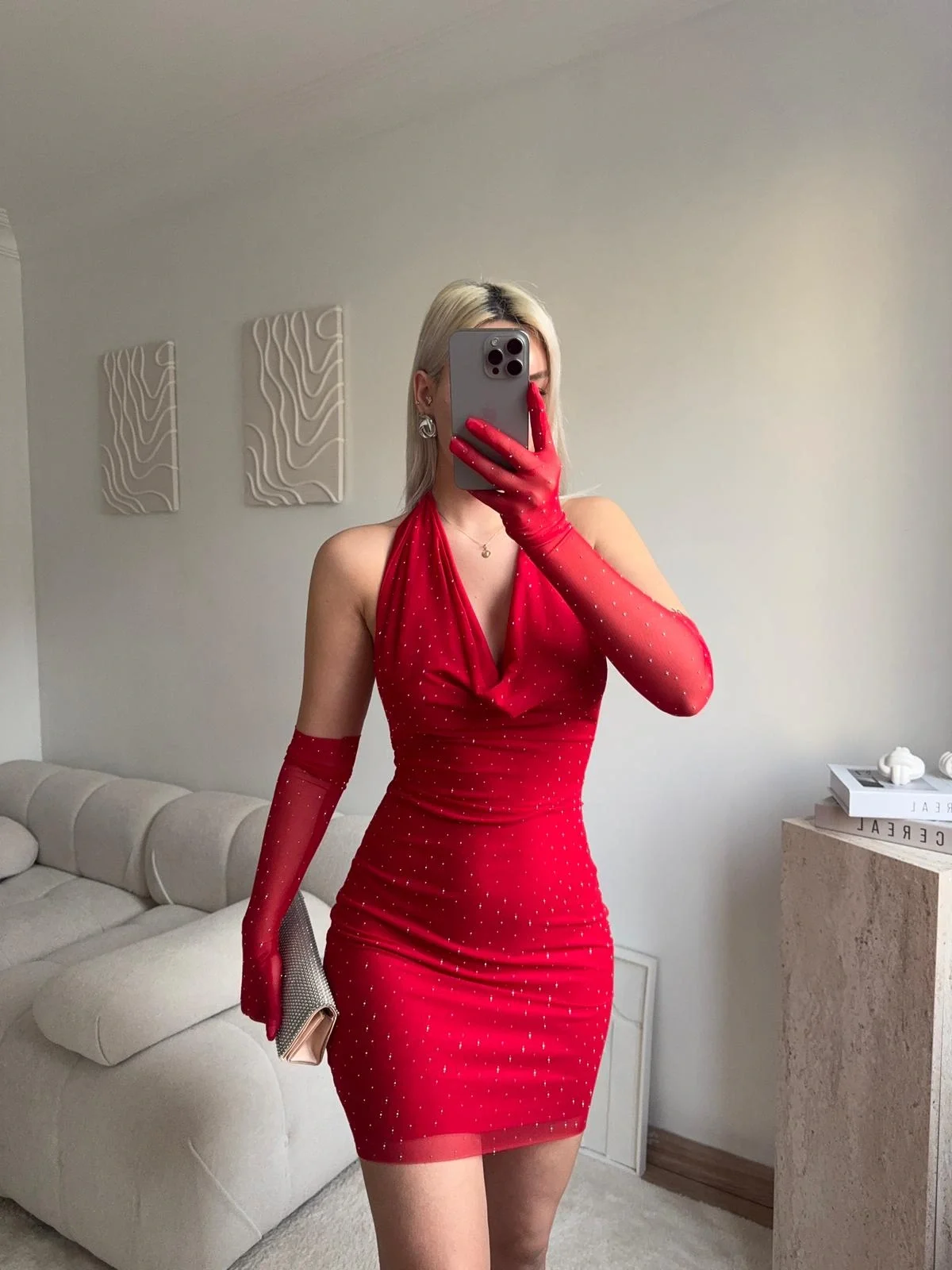 Taşlı Eldivenli Elbise - KIRMIZI