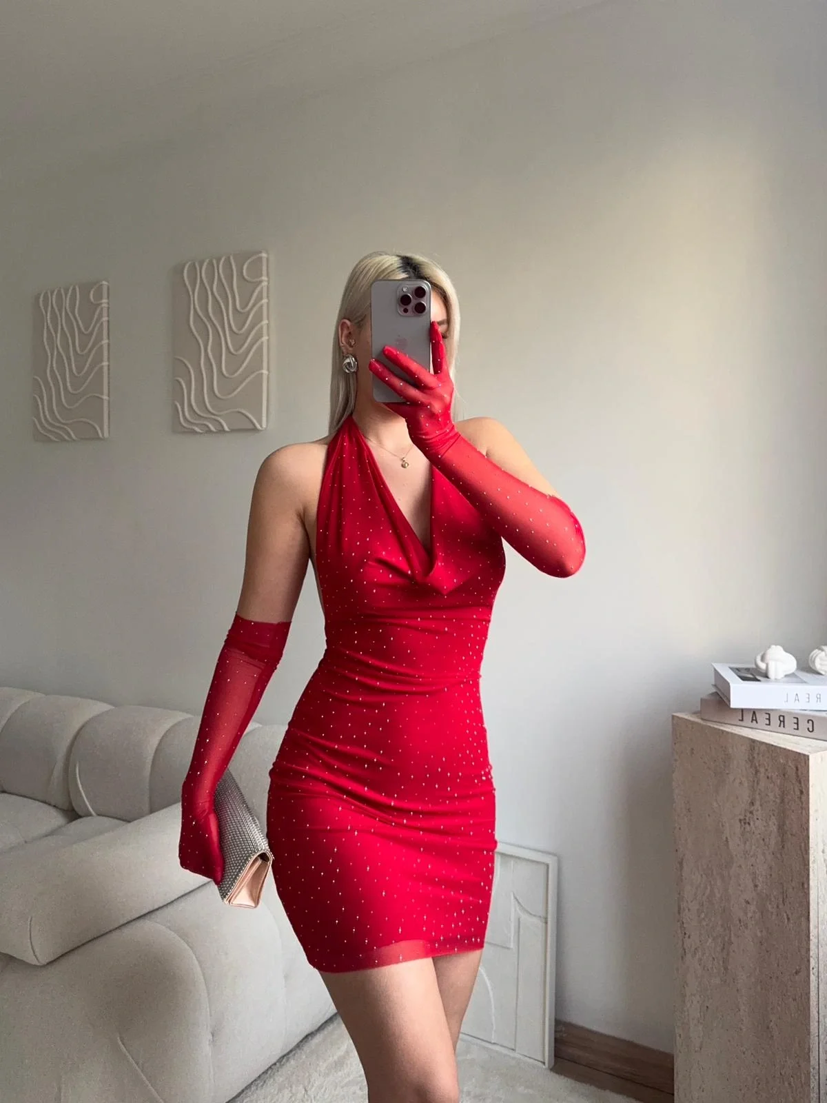 Taşlı Eldivenli Elbise - KIRMIZI