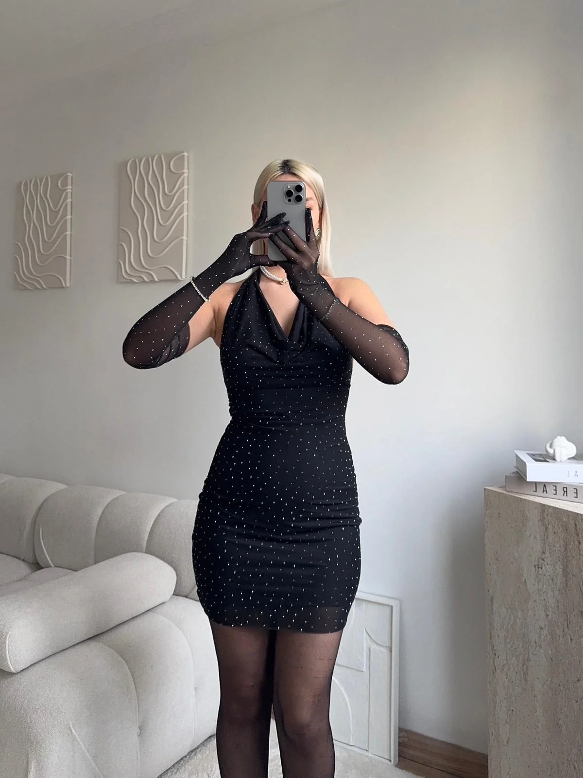 Taşlı Eldivenli Elbise - SİYAH