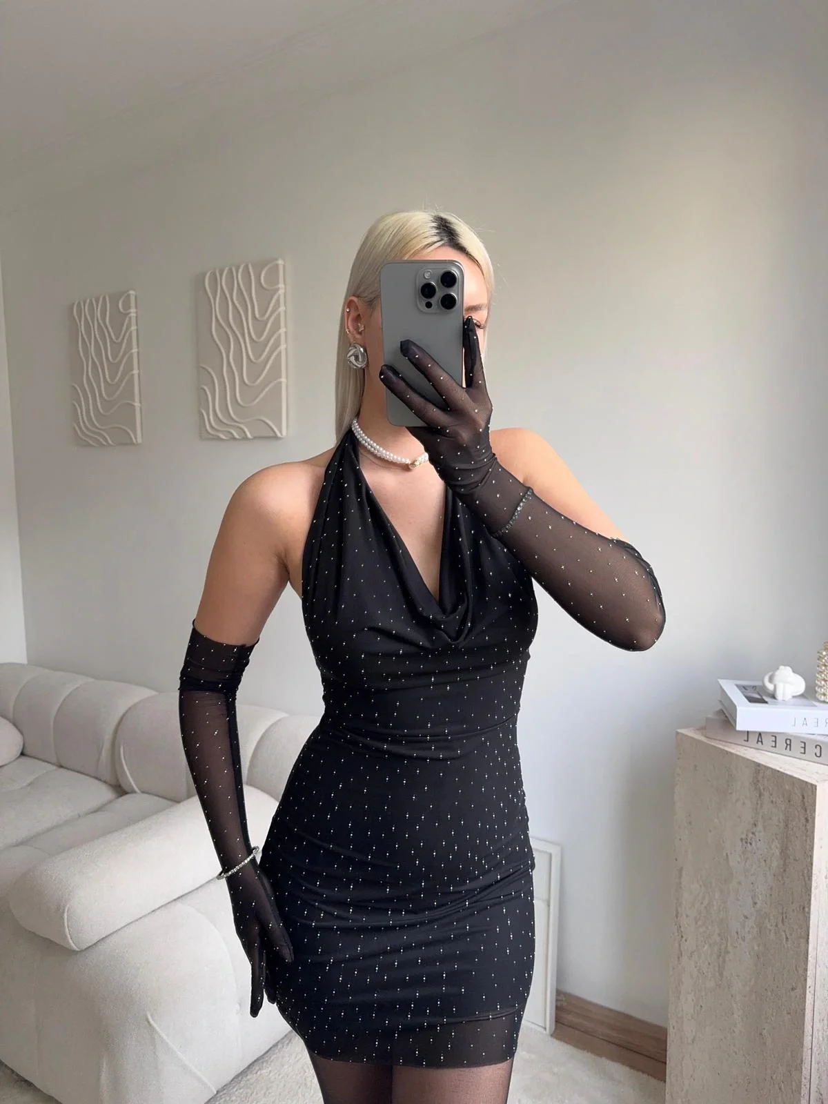 Taşlı Eldivenli Elbise - SİYAH