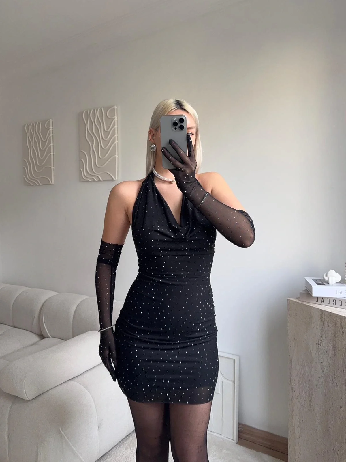 Taşlı Eldivenli Elbise - SİYAH