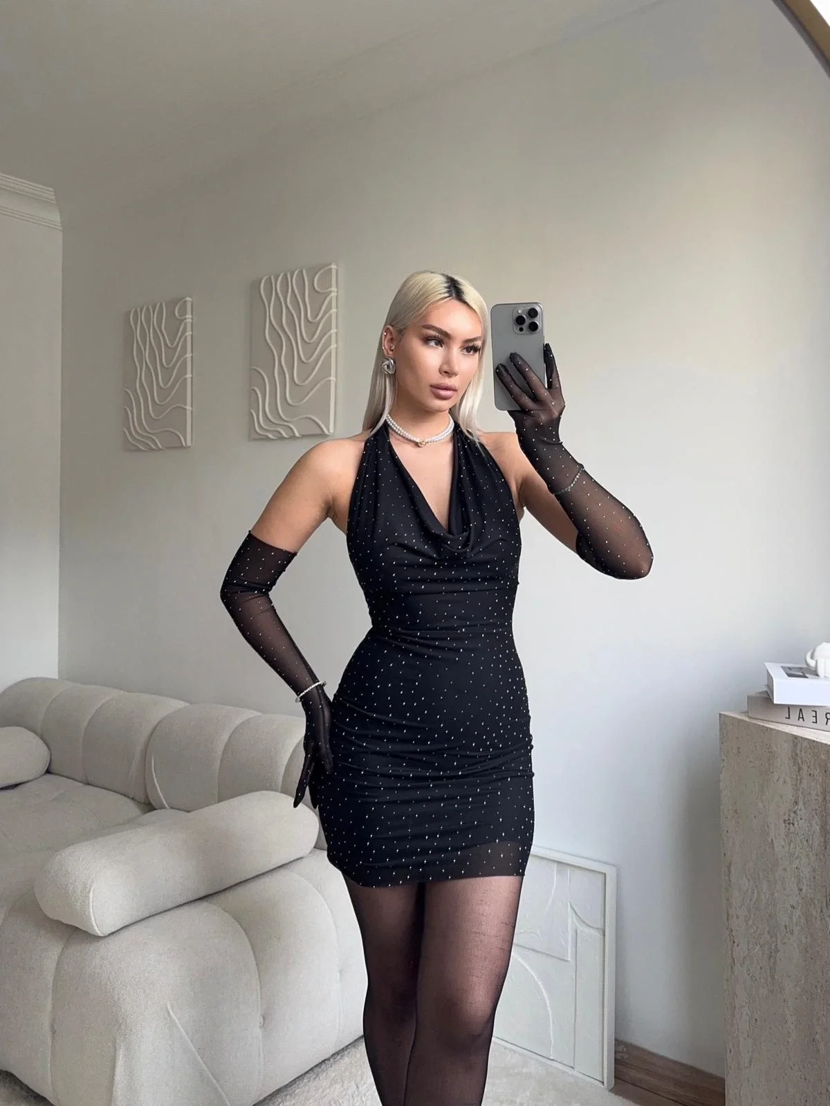 Taşlı Eldivenli Elbise - SİYAH