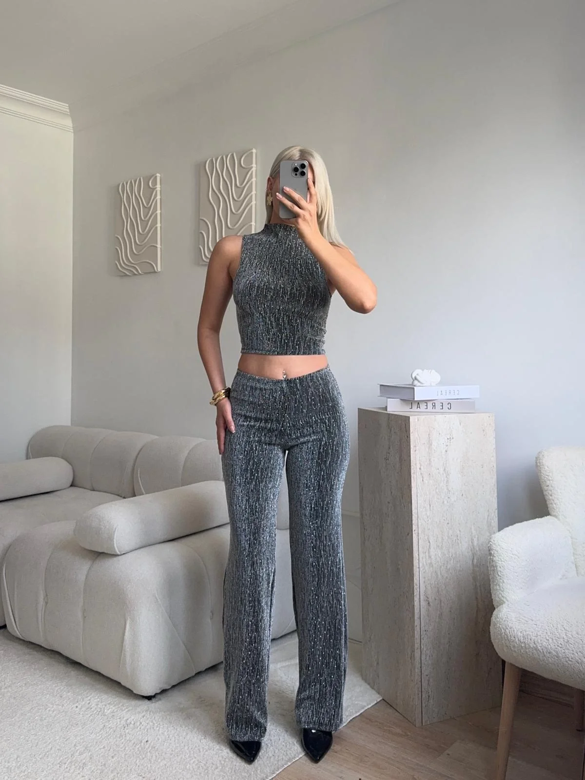 Taşlı Halter Crop & Pantolon Takım - GRİ