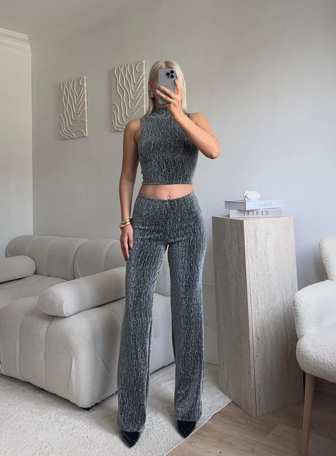 Taşlı Halter Crop & Pantolon Takım - GRİ