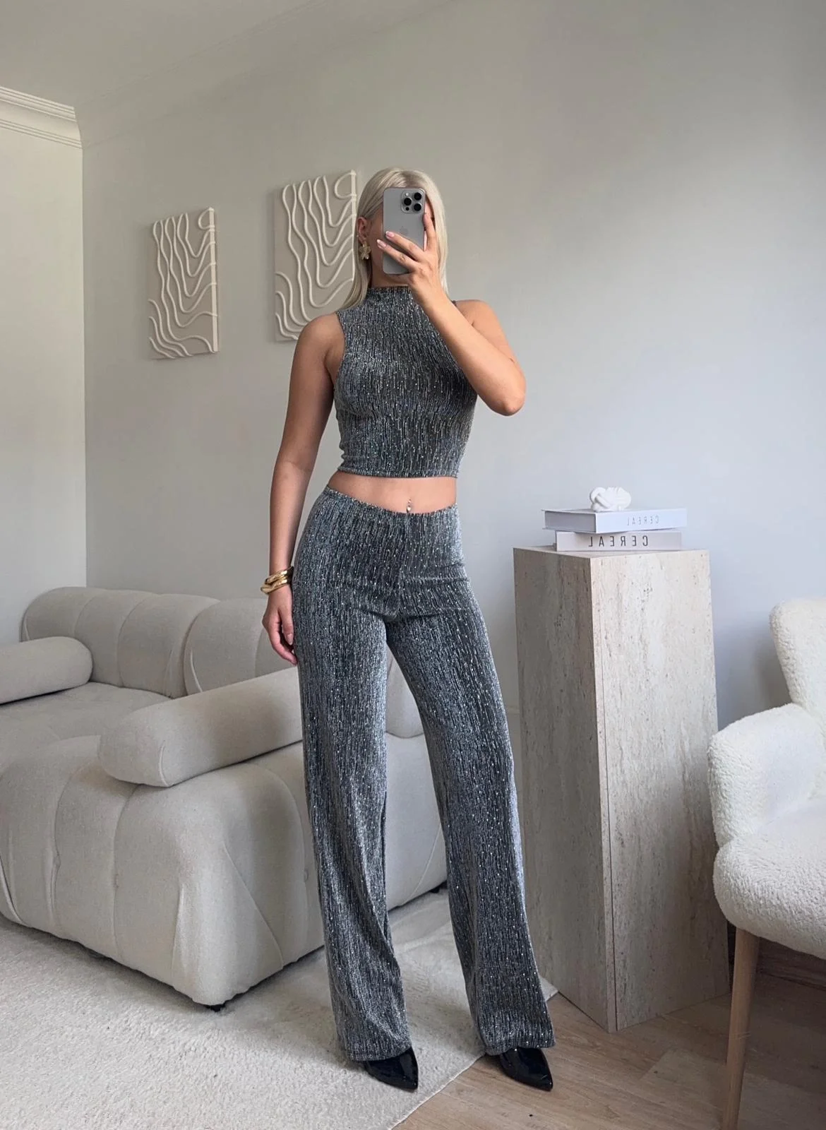 Taşlı Halter Crop & Pantolon Takım - GRİ