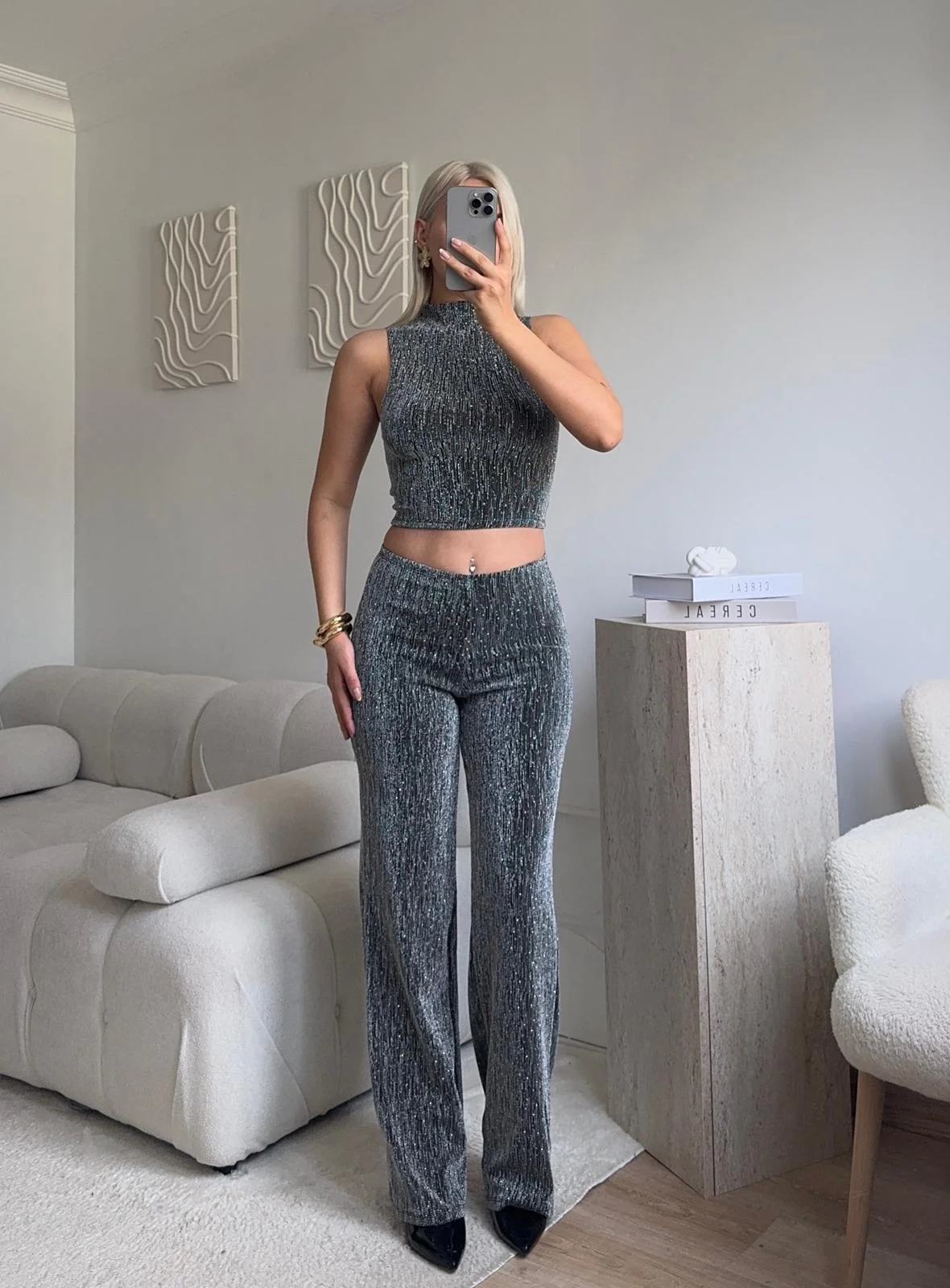 Taşlı Halter Crop & Pantolon Takım - GRİ