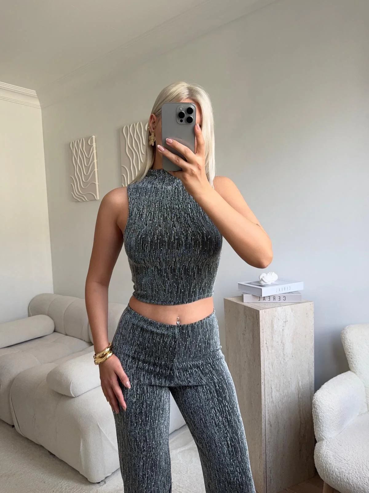 Taşlı Halter Crop & Pantolon Takım - GRİ