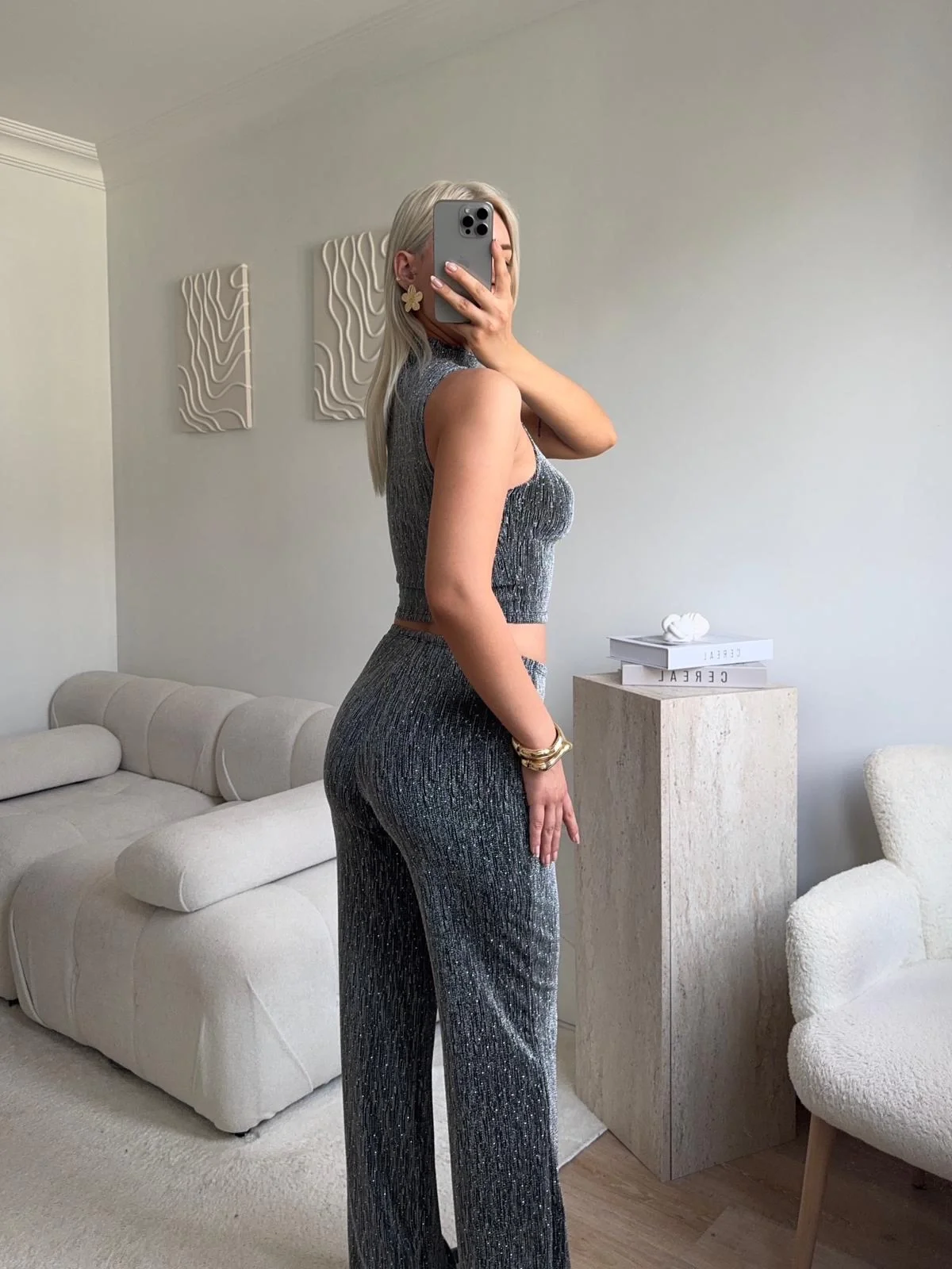 Taşlı Halter Crop & Pantolon Takım - GRİ