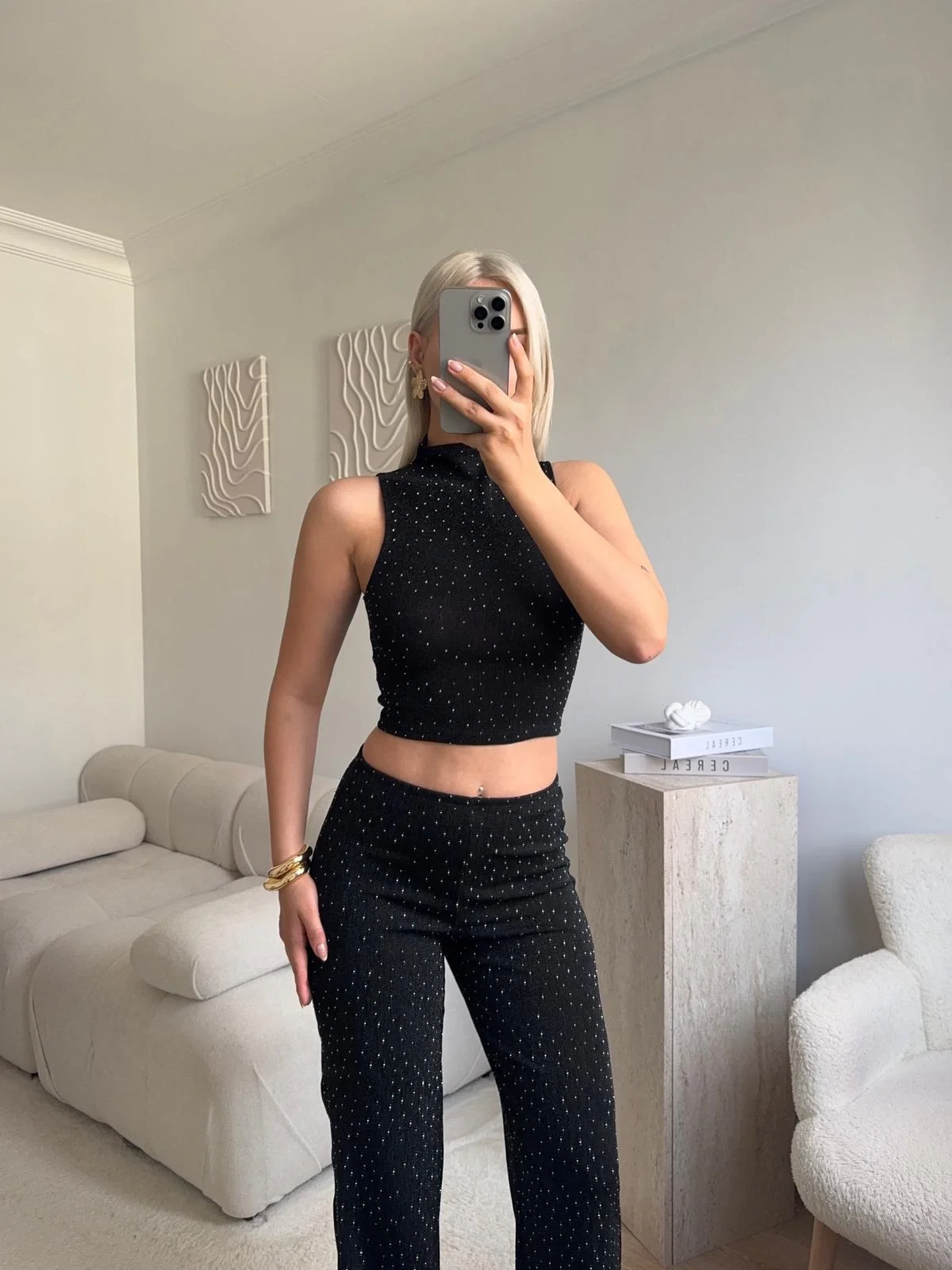 Taşlı Halter Crop & Pantolon Takım - SİYAH