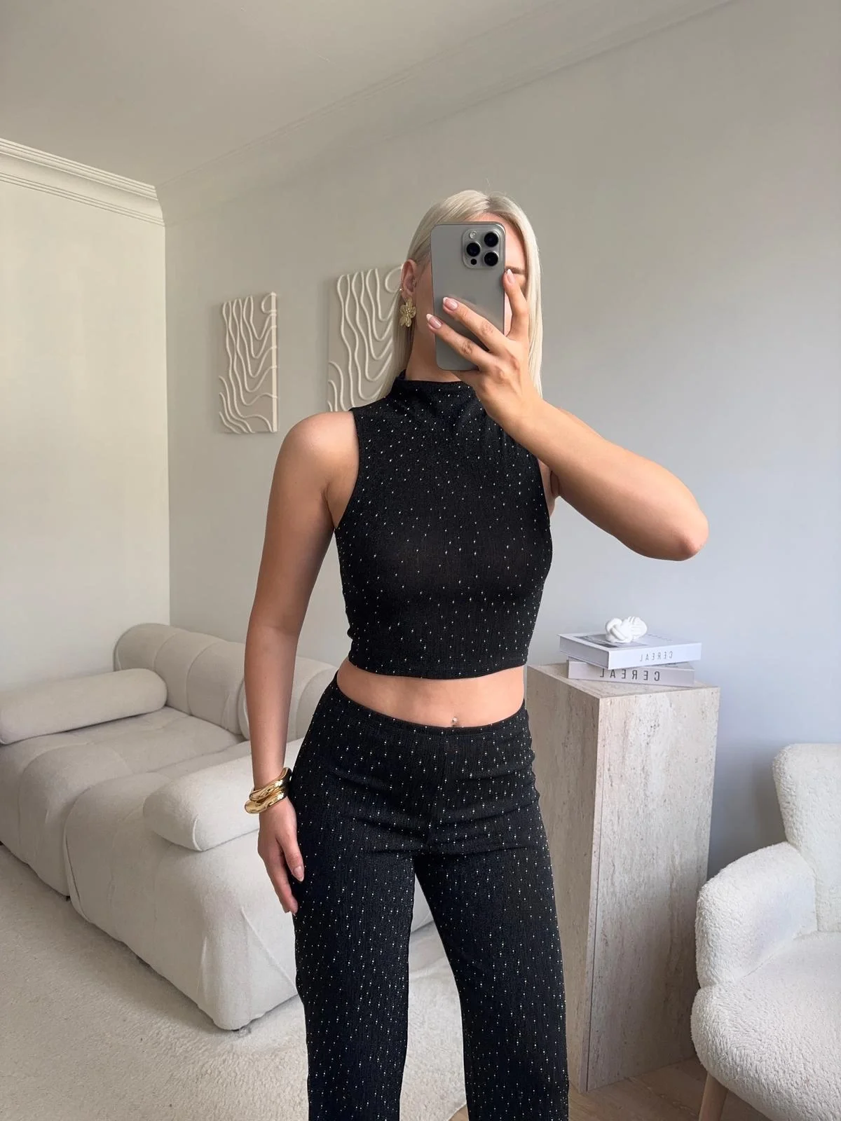 Taşlı Halter Crop & Pantolon Takım - SİYAH