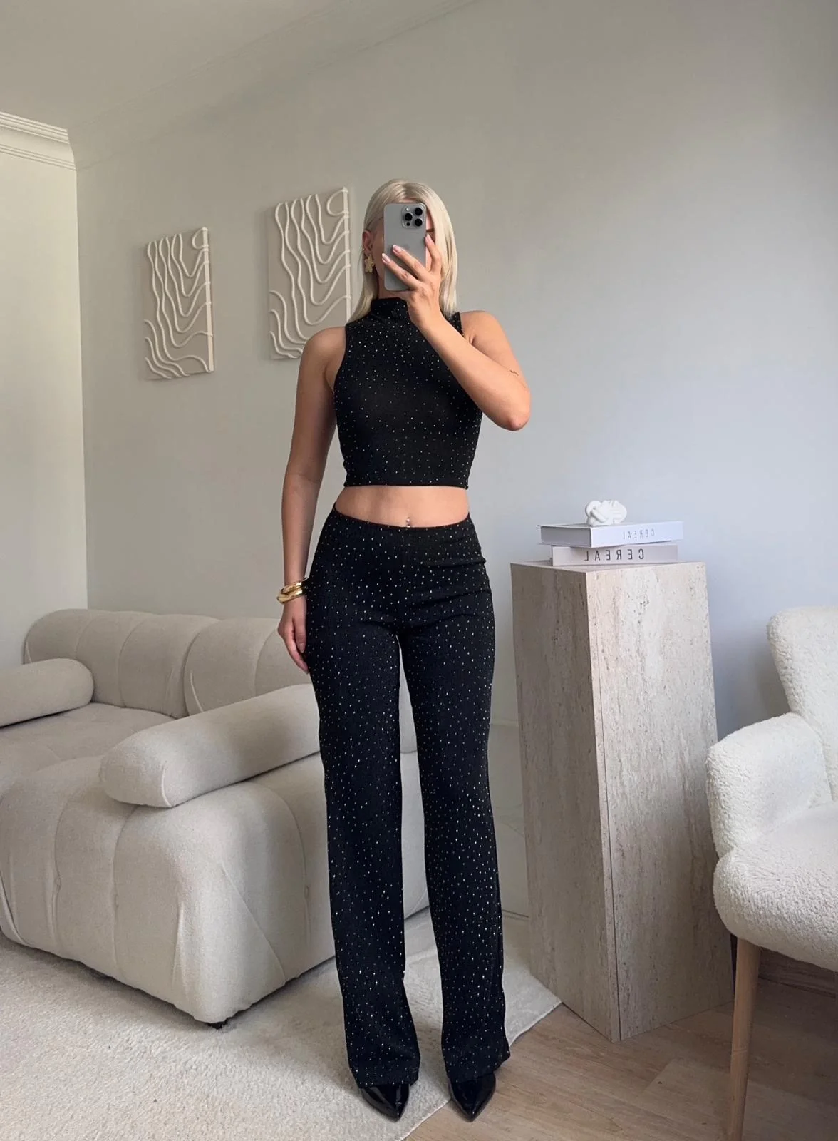 Taşlı Halter Crop & Pantolon Takım - SİYAH