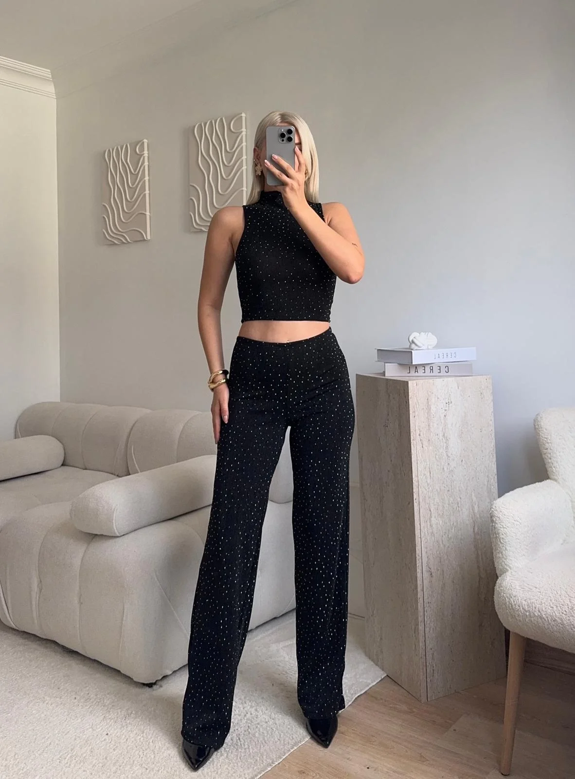 Taşlı Halter Crop & Pantolon Takım - SİYAH