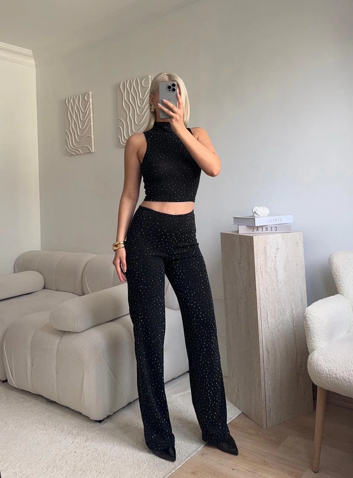 Taşlı Halter Crop & Pantolon Takım - SİYAH