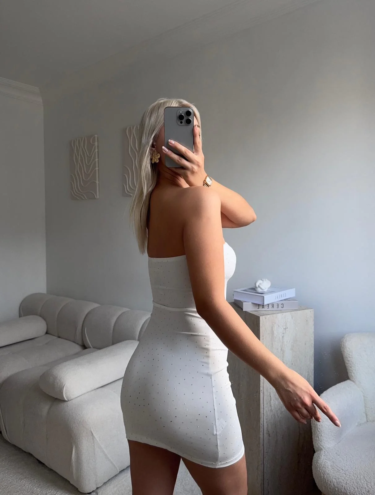 Taşlı Straplez Elbise - BEYAZ