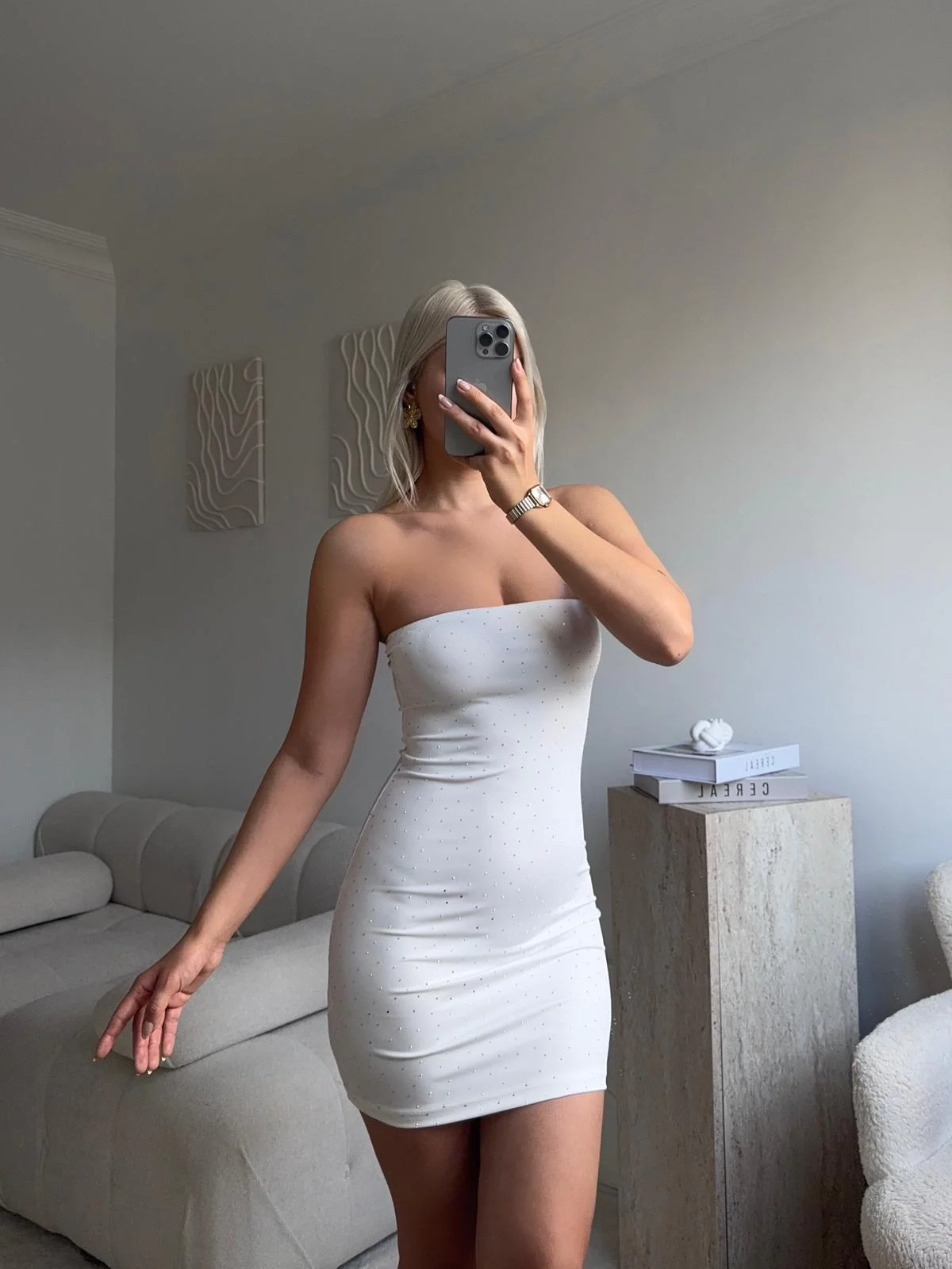 Taşlı Straplez Elbise - BEYAZ