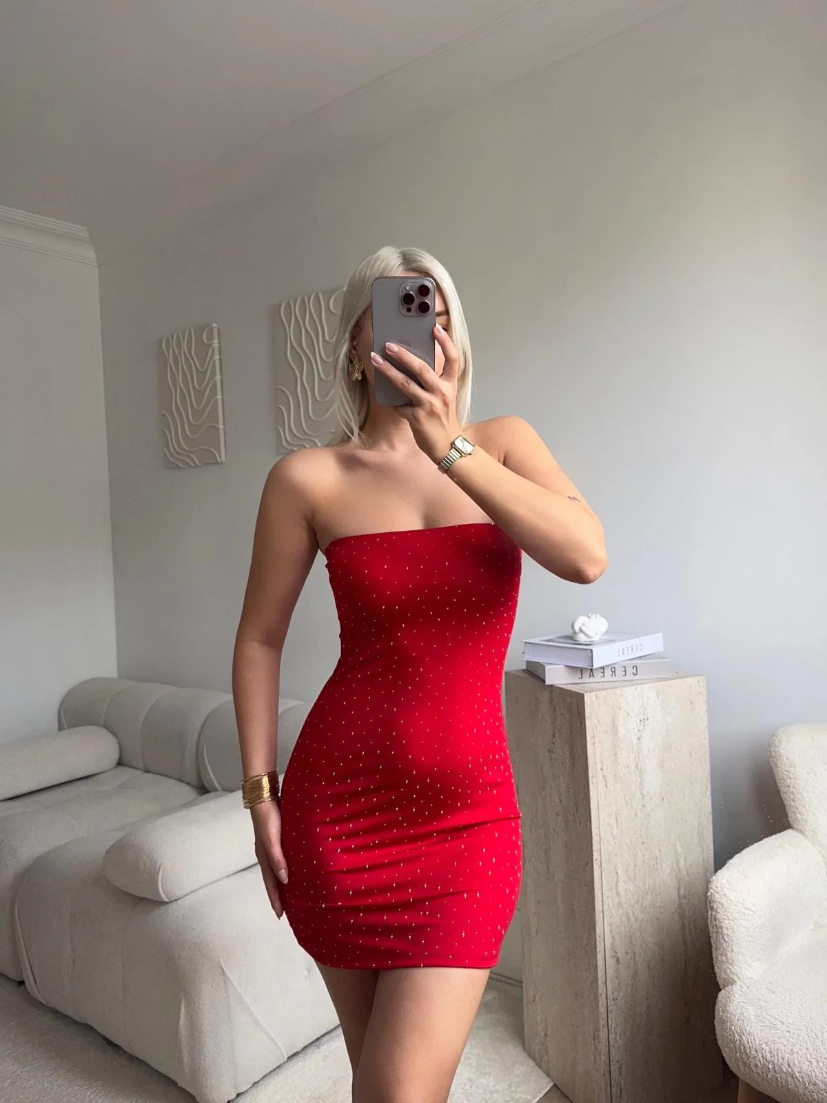 Taşlı Straplez Elbise - KIRMIZI