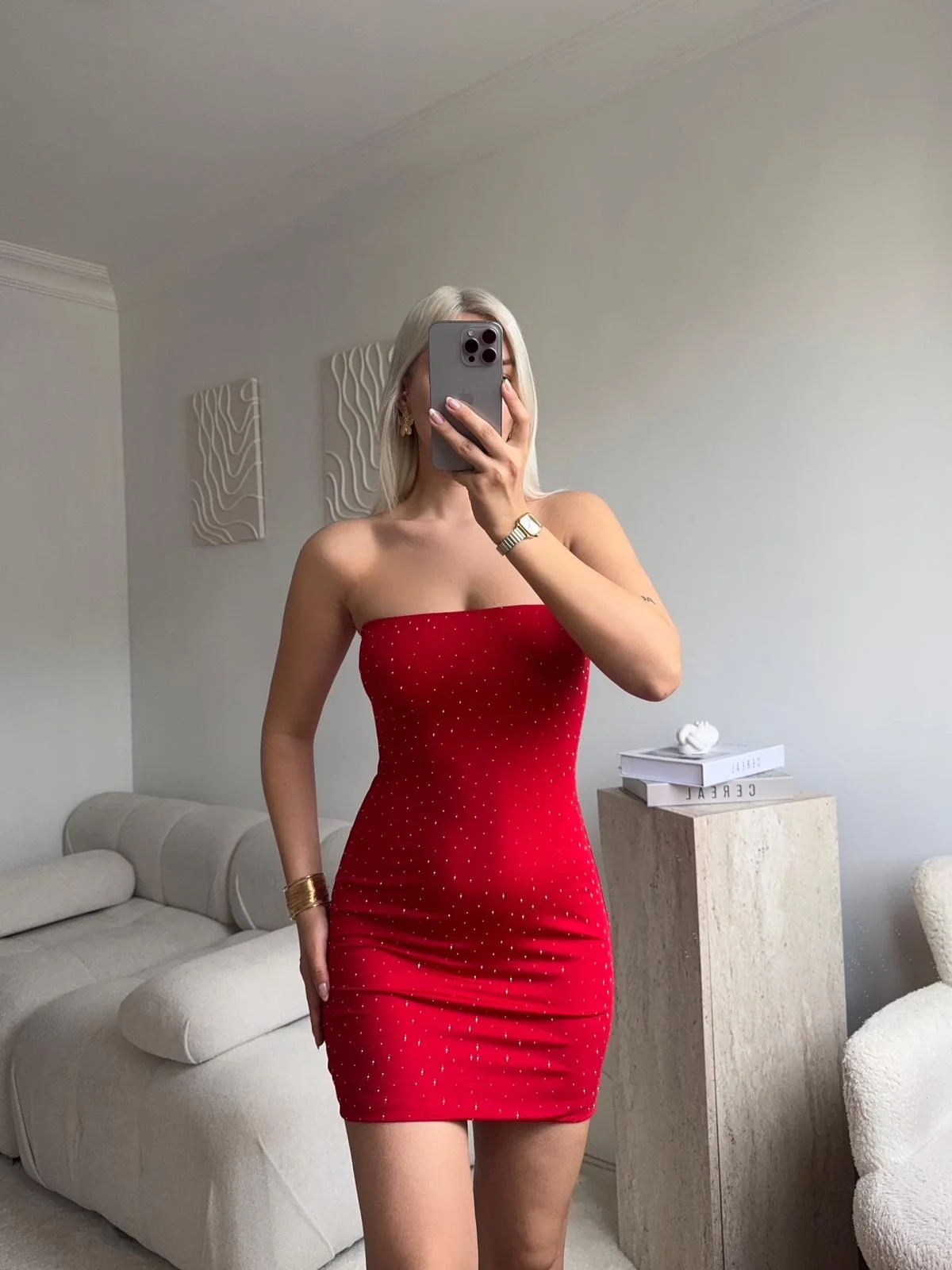 Taşlı Straplez Elbise - KIRMIZI