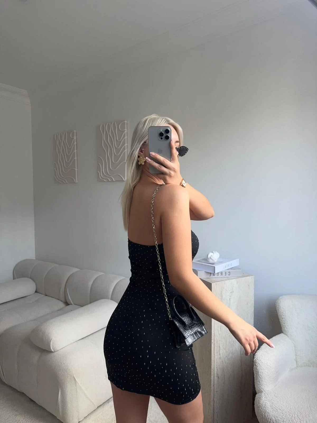 Taşlı Straplez Elbise - SİYAH