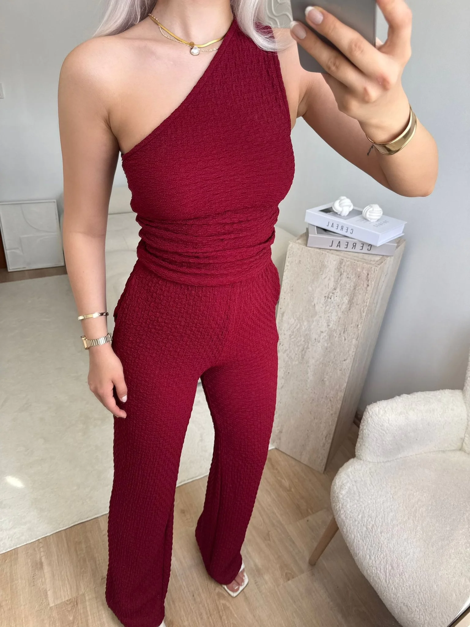 Tek Omuz Crop & Pantolon Takım - BORDO
