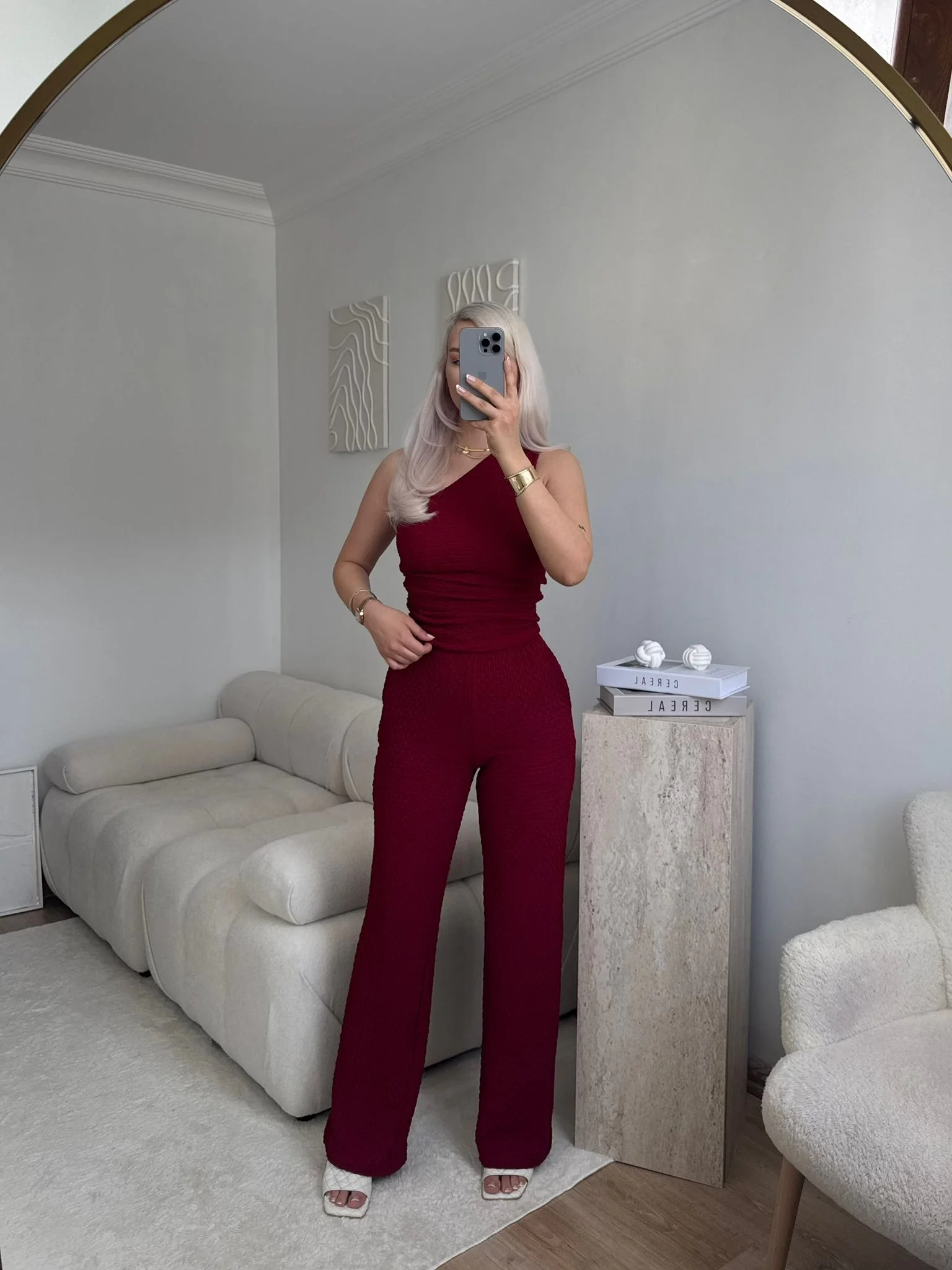 Tek Omuz Crop & Pantolon Takım - BORDO
