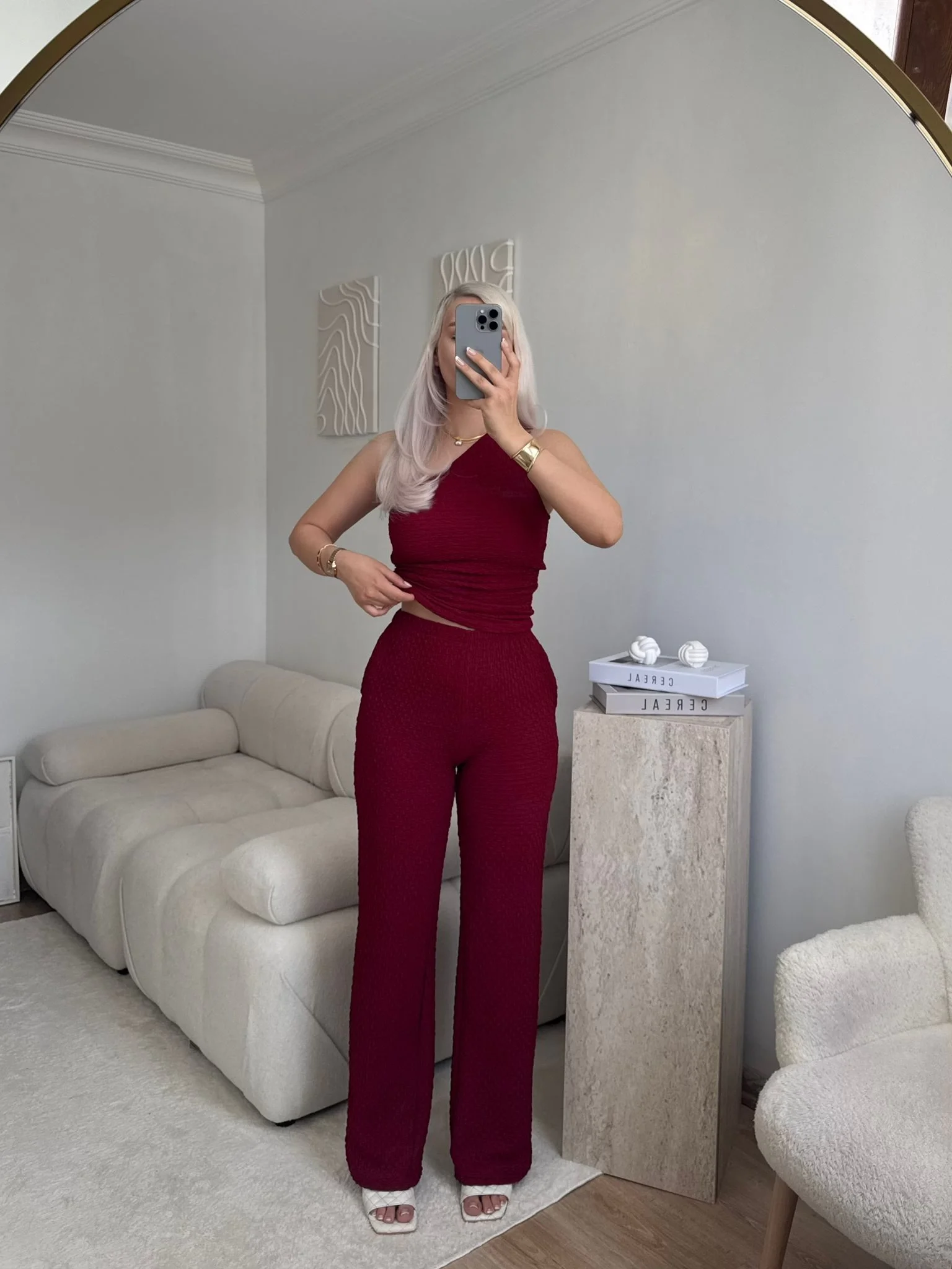 Tek Omuz Crop & Pantolon Takım - BORDO